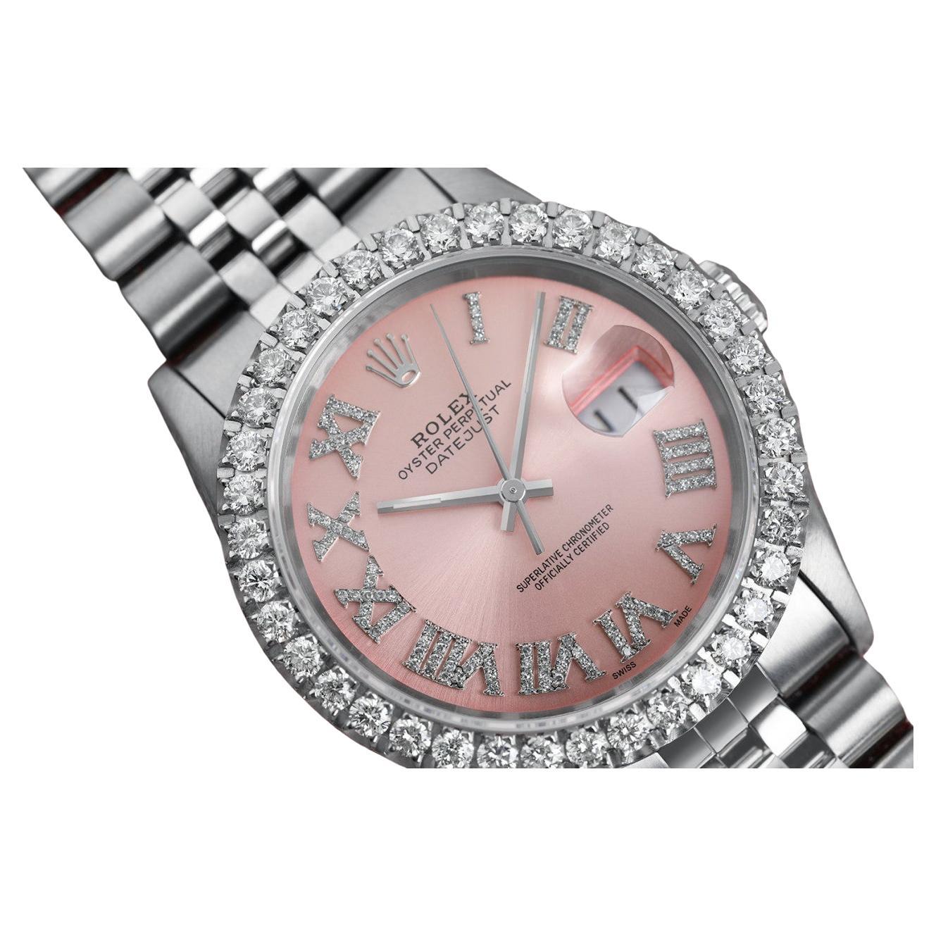 Rolex Datejust Unisex with 3 CT Diamond Bezel and Pink Diamond Roman Dial For Sale