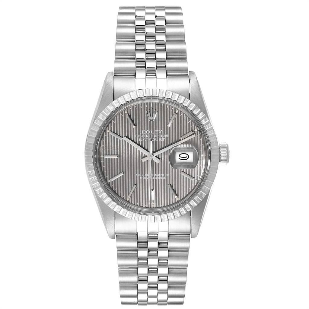 Rolex Datejust Vintage Grey Tapestry Dial Mens Watch 16030 Box Papers. Officially certified chronometer automatic self-winding movement. Stainless steel oyster case 36 mm in diameter. Rolex logo on a crown. Stainless steel engine turned bezel.