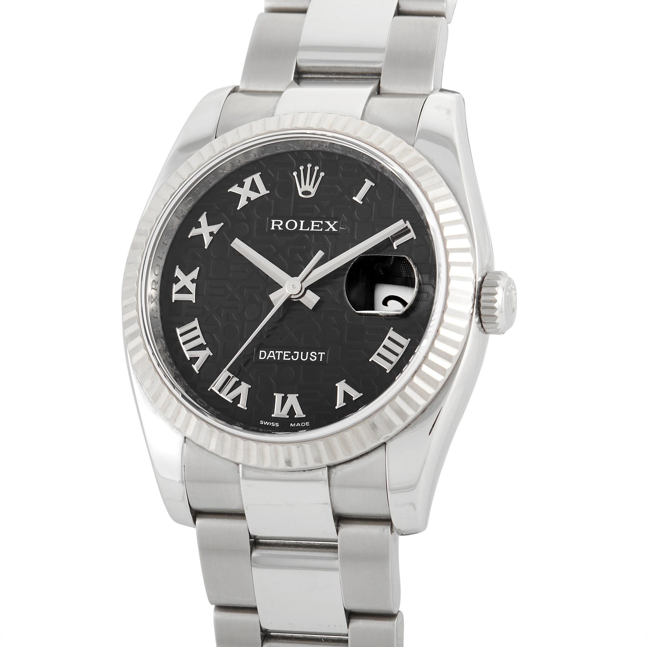 The Rolex Datejust Watch, reference number 116234, is an understated piece that still manages to exude the brand’s inherent sense of luxury. 

This impressive timepiece features a 36mm round case, bracelet, and fluted bezel made from shimmering