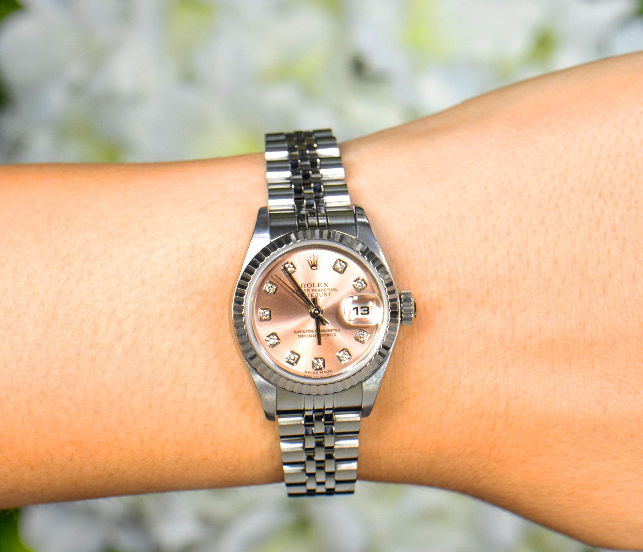 Round Cut Rolex Datejust Watch Automatic Salmon Dial Diamonds 26MM Stainless Steel 79174
