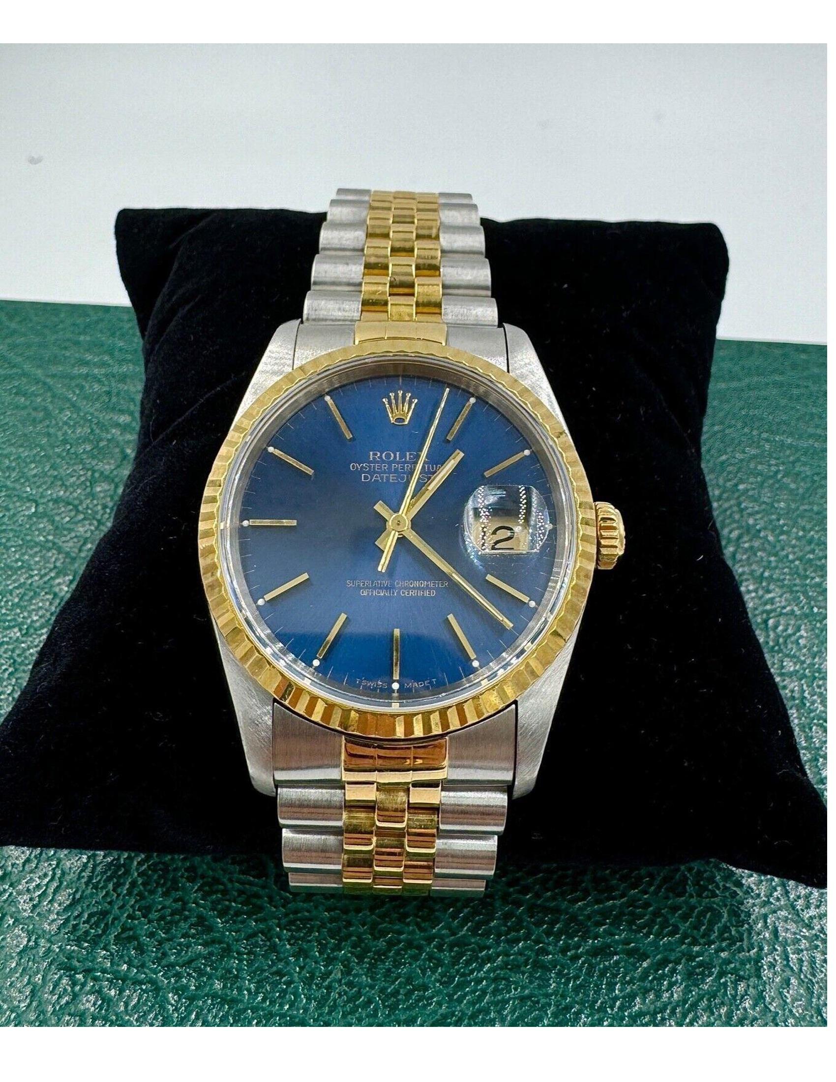 Rolex Datejust Uhr Ref 16233 36mm zweifarbiges blaues Zifferblatt, circa 1991.

    Für Ihre Betrachtung haben wir diese Rolex Datejust Oyster Perpetual   ref; 16233  in 18 Karat Gelbgold und Edelstahl mit dem Jubilee-Armband, um 1991.  Die Uhr 