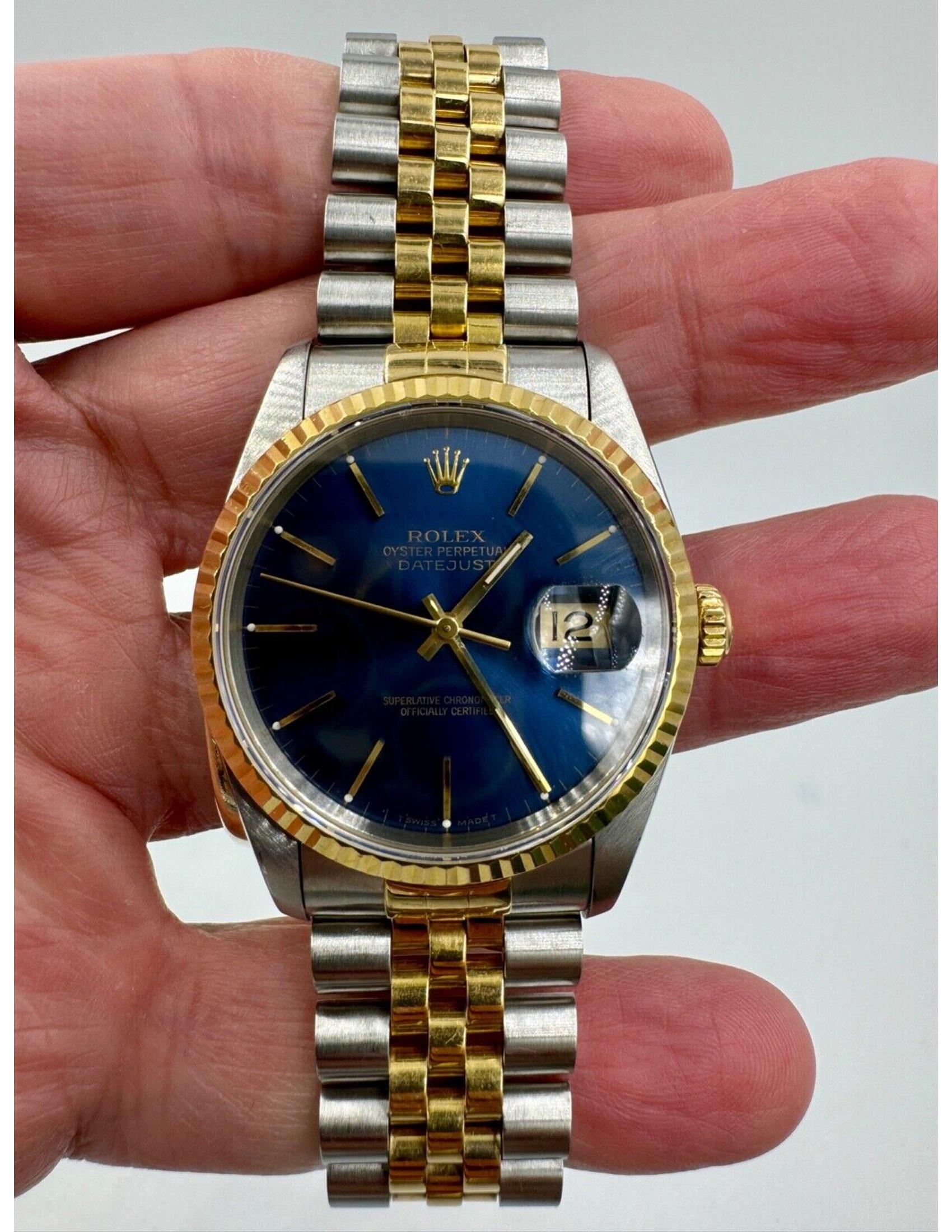 Rolex Datejust Uhr Ref 16233 36mm Zweifarbiges blaues Zifferblatt (Zeitgenössisch)