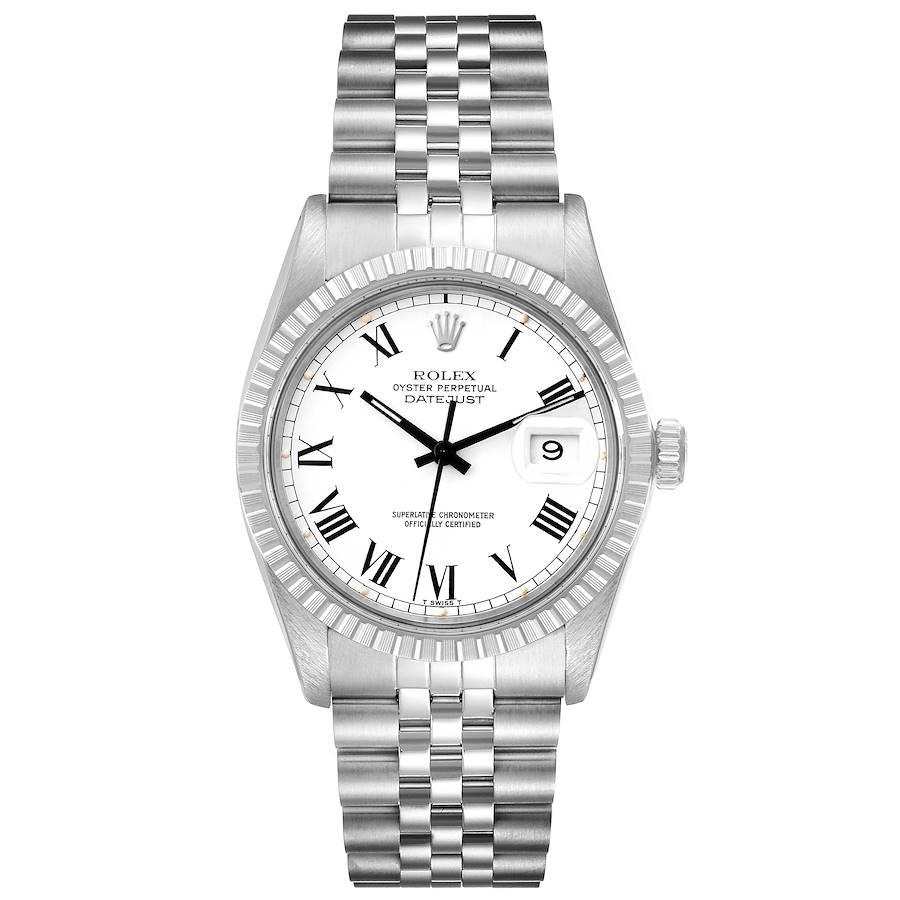 Rolex Datejust White Buckley Dial Steel Vintage Mens Watch 16030. Officially certified chronometer self-winding movement. Stainless steel oyster case 36 mm in diameter. Rolex logo on a crown. Stainless steel engine turned bezel. Acrylic crystal with