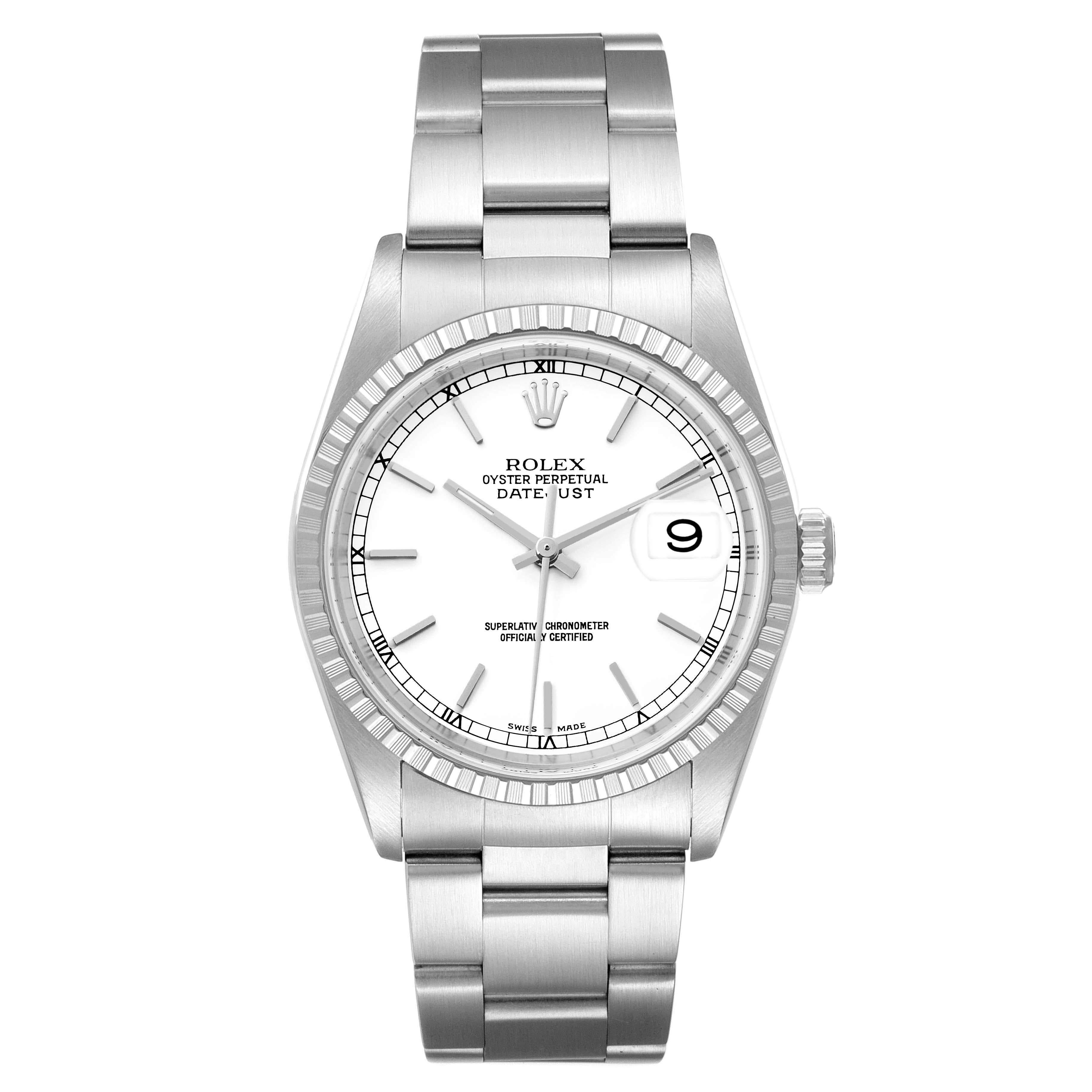 Rolex Datejust White Dial Engine Turned Bezel Steel Mens Watch 16220 Box Papers. Officially certified chronometer automatic self-winding movement. Stainless steel oyster case 36.0 mm in diameter. Rolex logo on the crown. Stainless steel engine