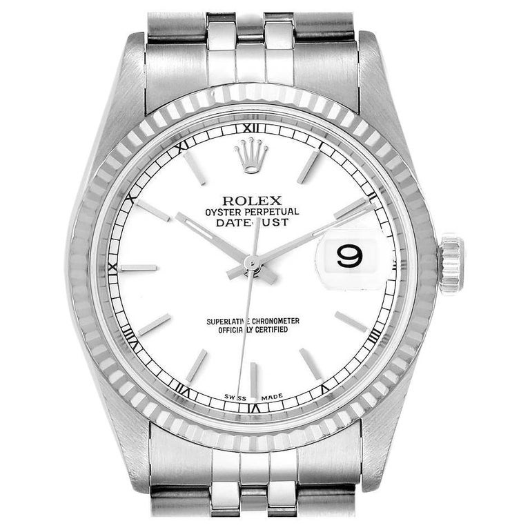 Rolex Datejust White Dial Fluted Bezel Steel White Gold Mens Watch