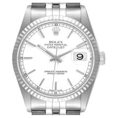 Rolex Datejust White Dial Fluted Bezel Steel White Gold Watch 16234 Box Papers