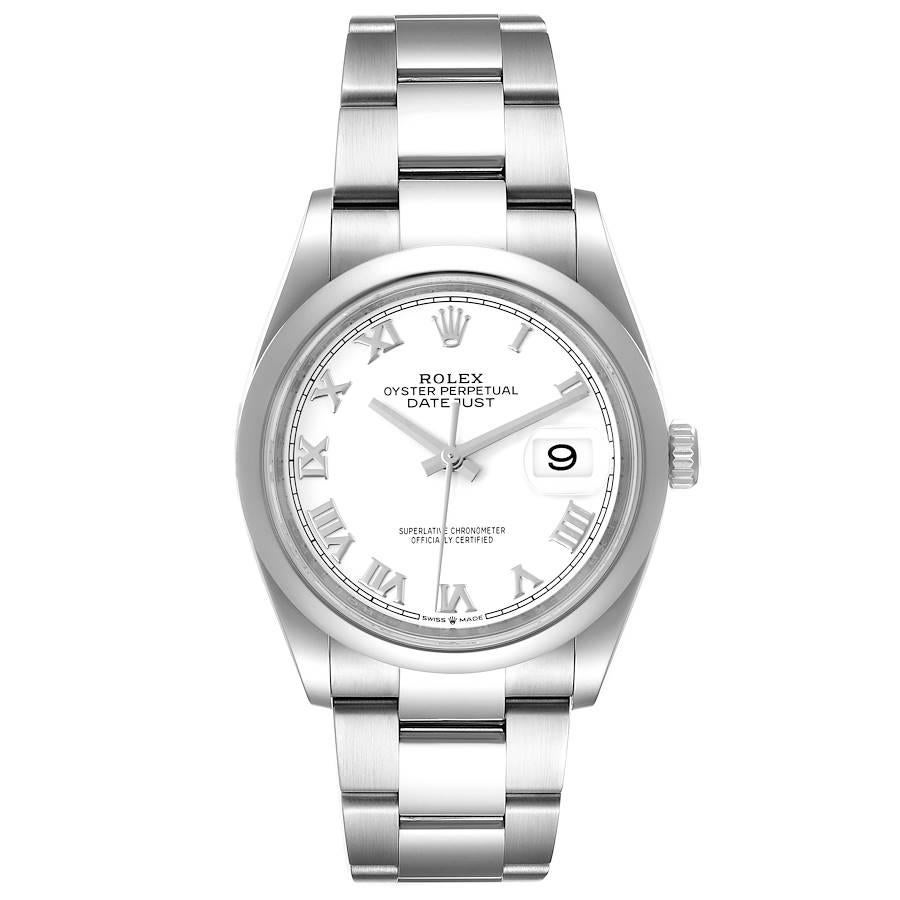 Rolex Datejust White Dial Oyster Bracelet Steel Mens Watch 126200 Unworn. Officially certified chronometer self-winding movement. Stainless steel case 36.0 mm in diameter. Rolex logo on a crown. Stainless steel smooth domed bezel. Scratch resistant