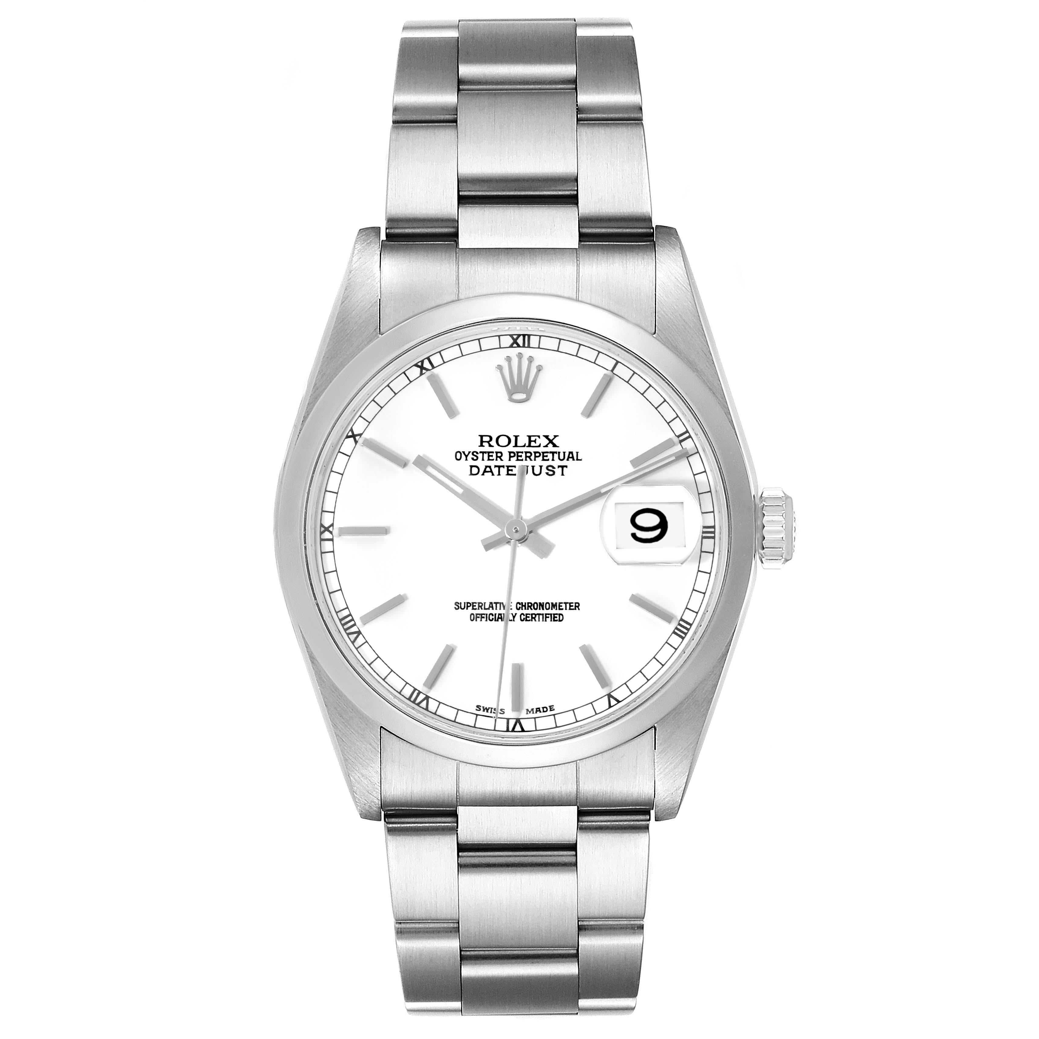 Rolex Datejust White Dial Smooth Bezel Steel Mens Watch 16200. Officially certified chronometer automatic self-winding movement with quickset date function. Stainless steel oyster case 36mm in diameter. Rolex logo on the crown. Stainless steel