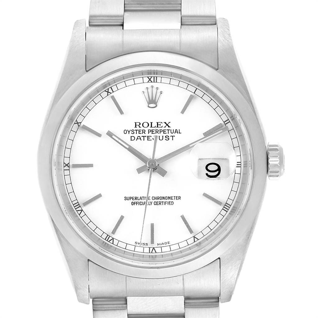 Rolex Datejust White Dial Steel Mens Watch 16200 Box Papers. Officially certified chronometer automatic self-winding movement. Stainless steel oyster case 36 mm in diameter. Rolex logo on a crown. Stainless steel smooth bezel. Scratch resistant