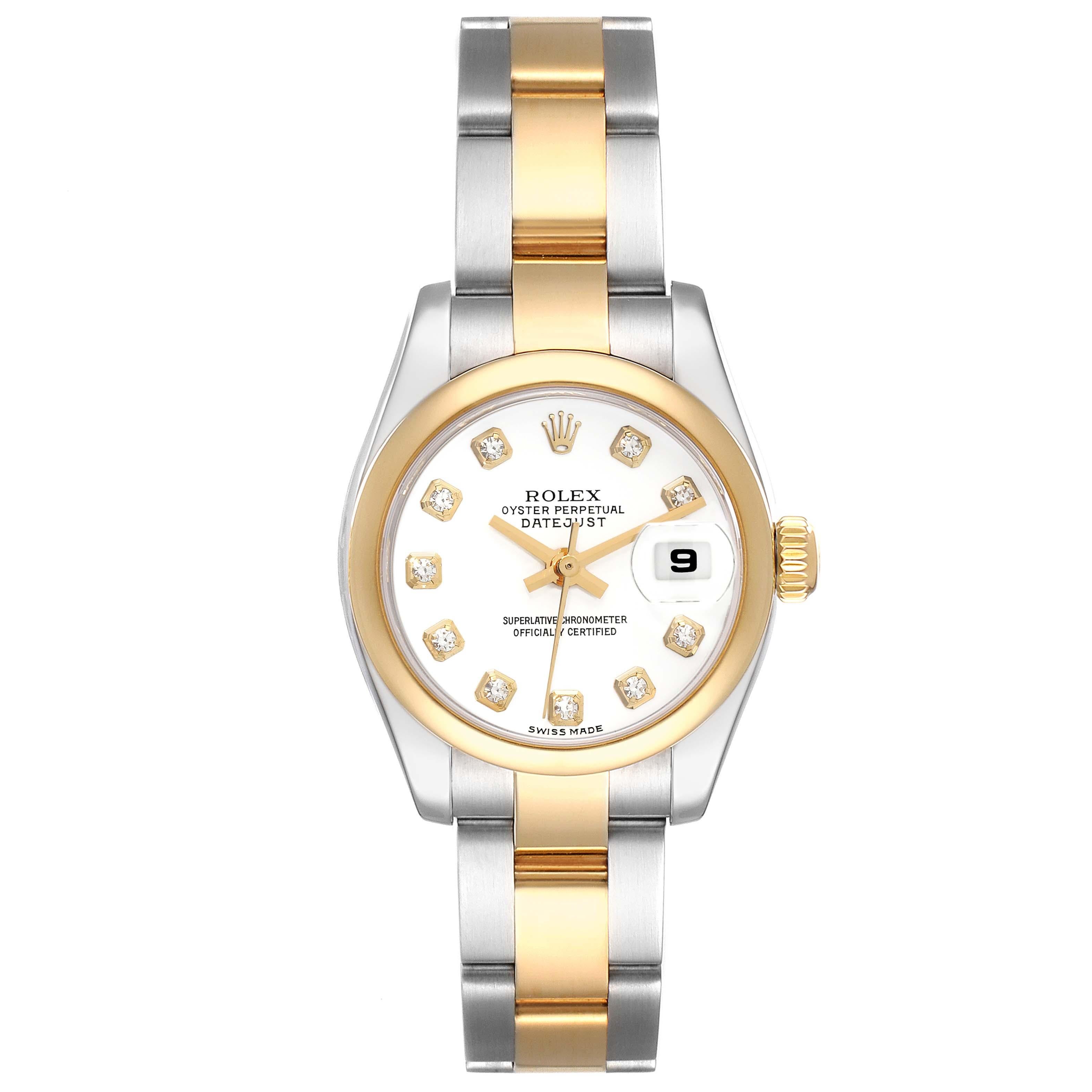 Rolex Datejust White Diamond Dial Steel Yellow Gold Ladies Watch 179163. Officially certified chronometer automatic self-winding movement. Stainless steel oyster case 26 mm in diameter. Rolex logo on an 18K yellow gold crown. 18k yellow gold smooth