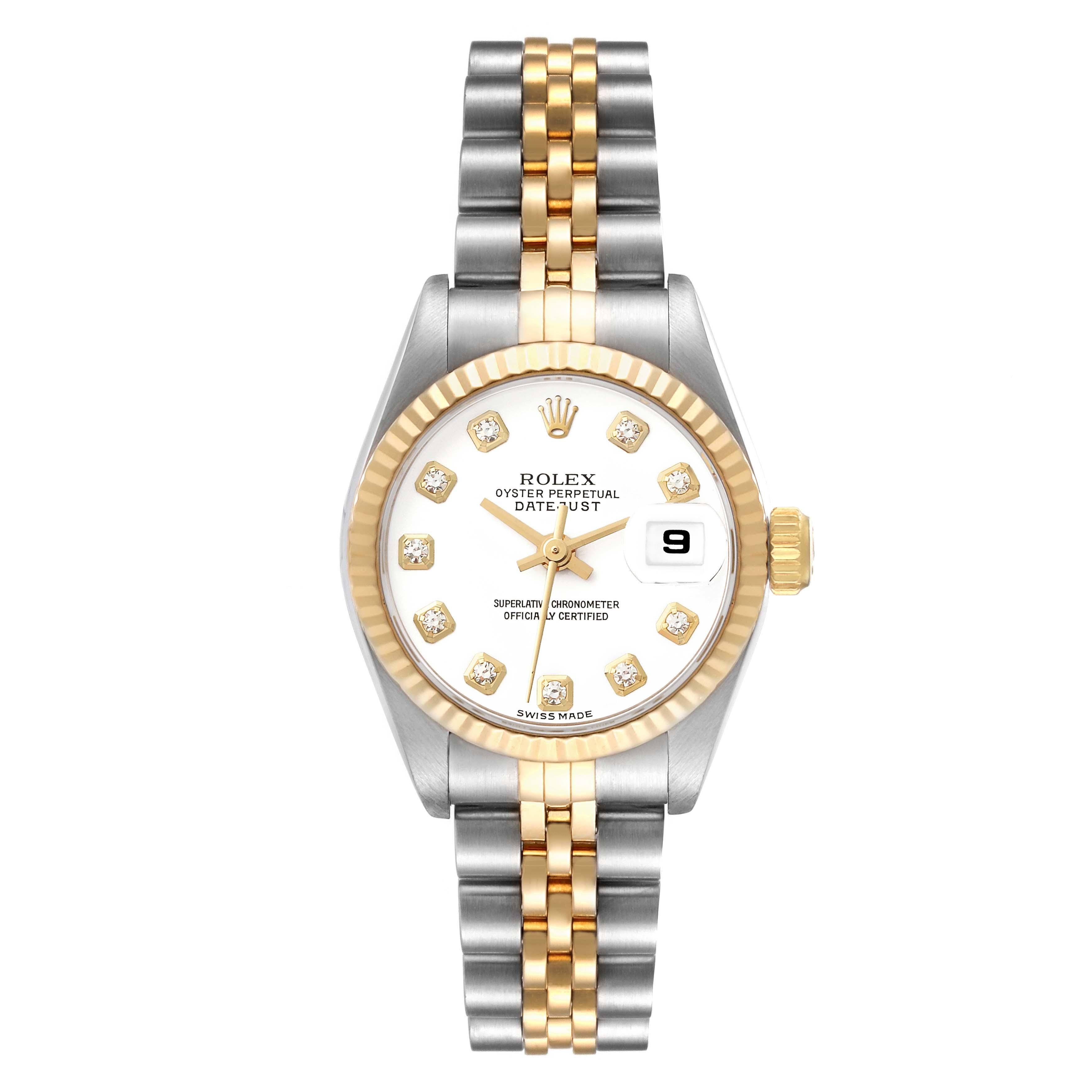 Rolex Datejust White Diamond Dial Steel Yellow Gold Ladies Watch 69173. Officially certified chronometer automatic self-winding movement. Stainless steel oyster case 26.0 mm in diameter. Rolex logo on the crown. 18k yellow gold fluted bezel. Scratch