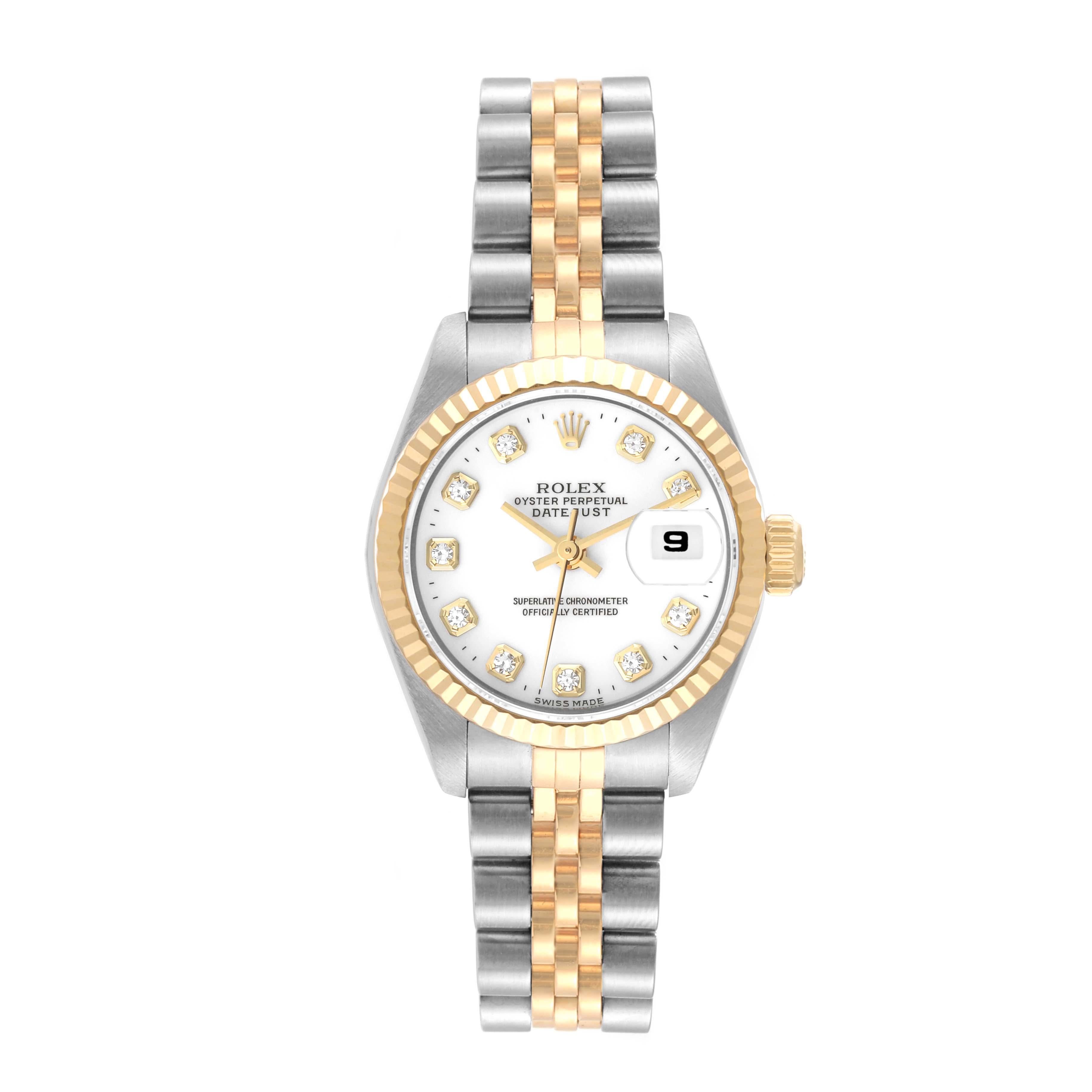 Rolex Datejust White Diamond Dial Steel Yellow Gold Ladies Watch 69173. Officially certified chronometer automatic self-winding movement. Stainless steel oyster case 26.0 mm in diameter. Rolex logo on the crown. 18k yellow gold fluted bezel. Scratch