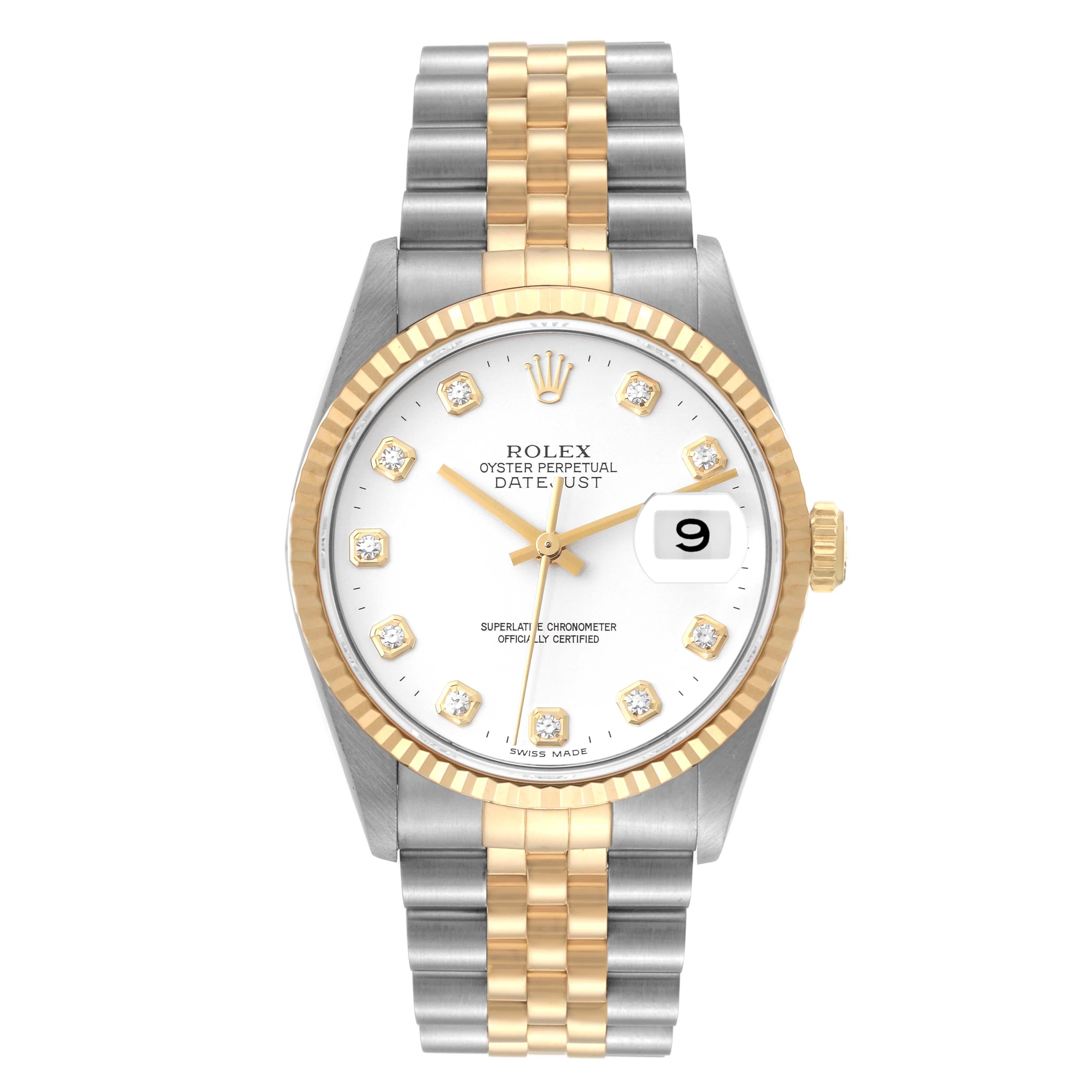 Rolex Datejust White Diamond Dial Steel Yellow Gold Mens Watch 16233. Officially certified chronometer automatic self-winding movement. Stainless steel case 36 mm in diameter.  Rolex logo on an 18K yellow gold crown. 18k yellow gold fluted bezel.