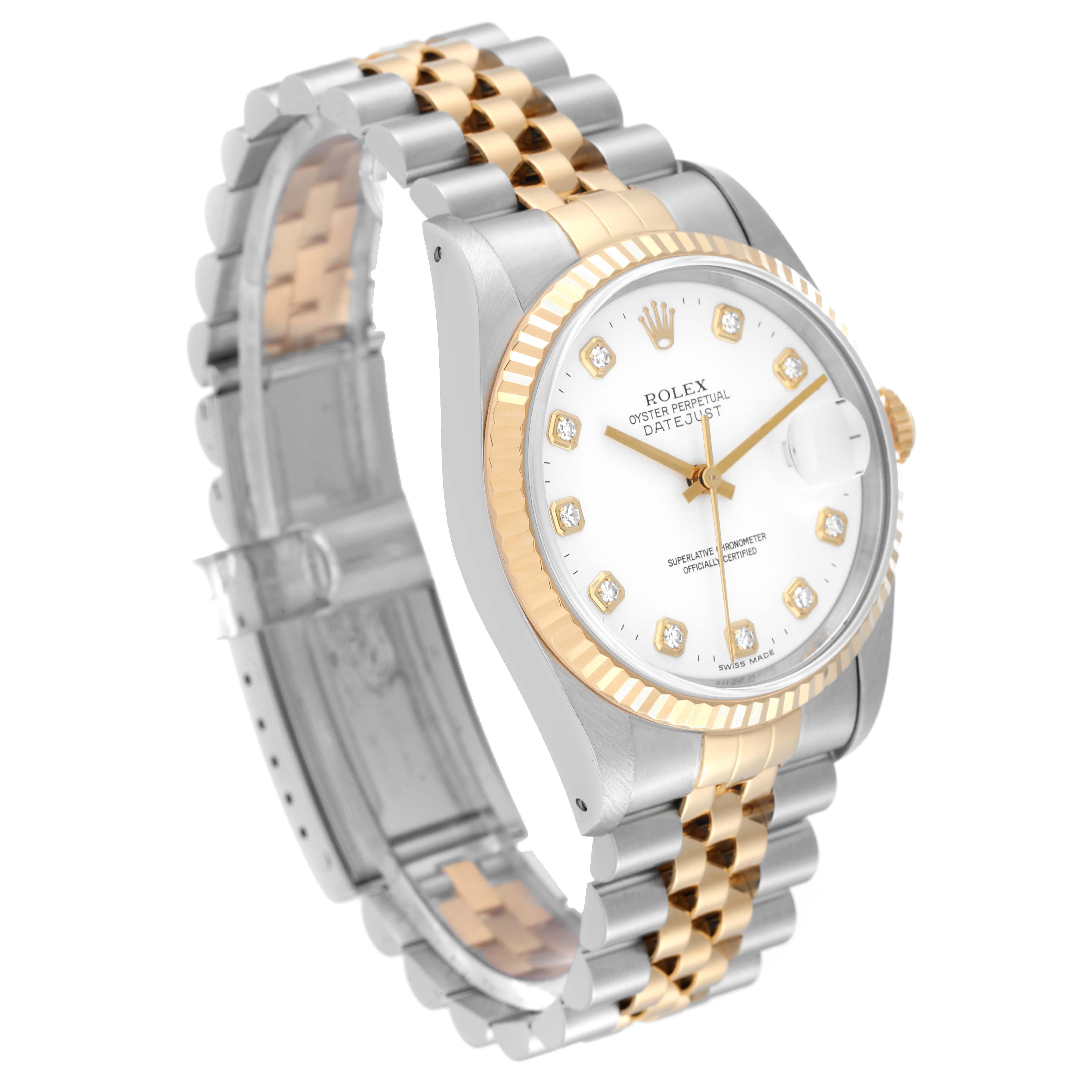 Rolex Datejust White Diamond Dial Steel Yellow Gold Mens Watch 16233 Excellent état - En vente à Atlanta, GA