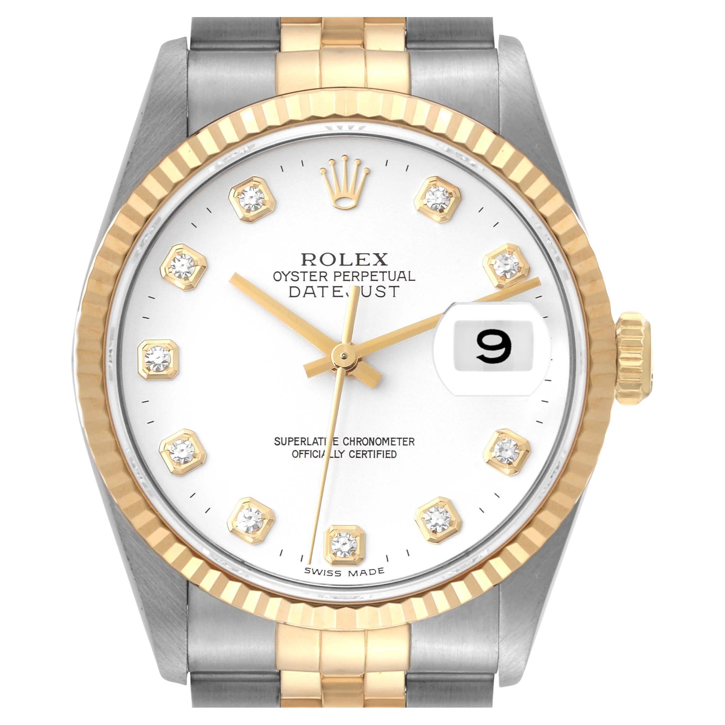 Rolex Datejust White Diamond Dial Steel Yellow Gold Mens Watch 16233 For Sale