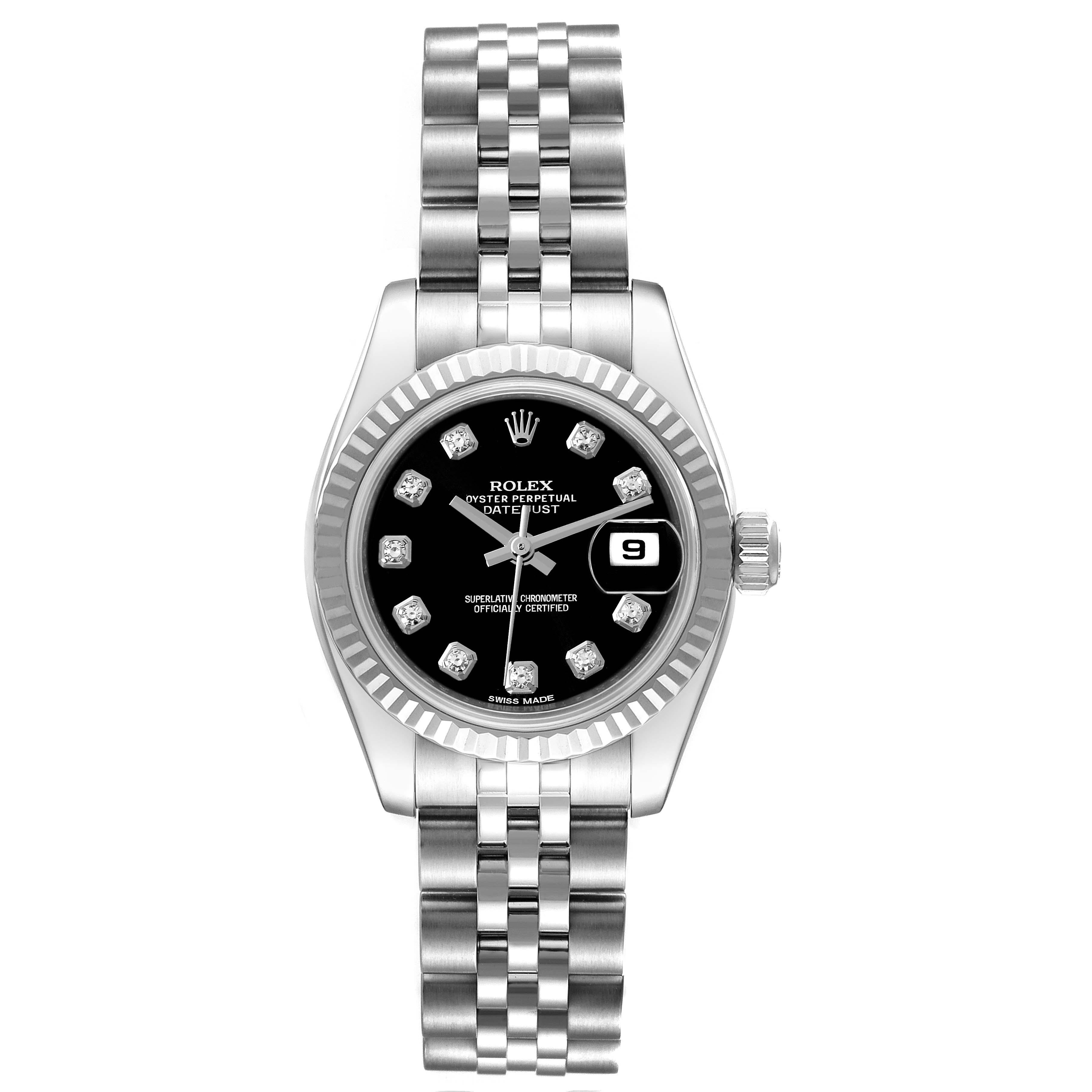Rolex Datejust White Gold Black Diamond Dial Ladies Watch 179174 Box Card. Officially certified chronometer self-winding movement. Stainless steel oyster case 26.0 mm in diameter. Rolex logo on a crown. 18K white gold fluted bezel. Scratch resistant