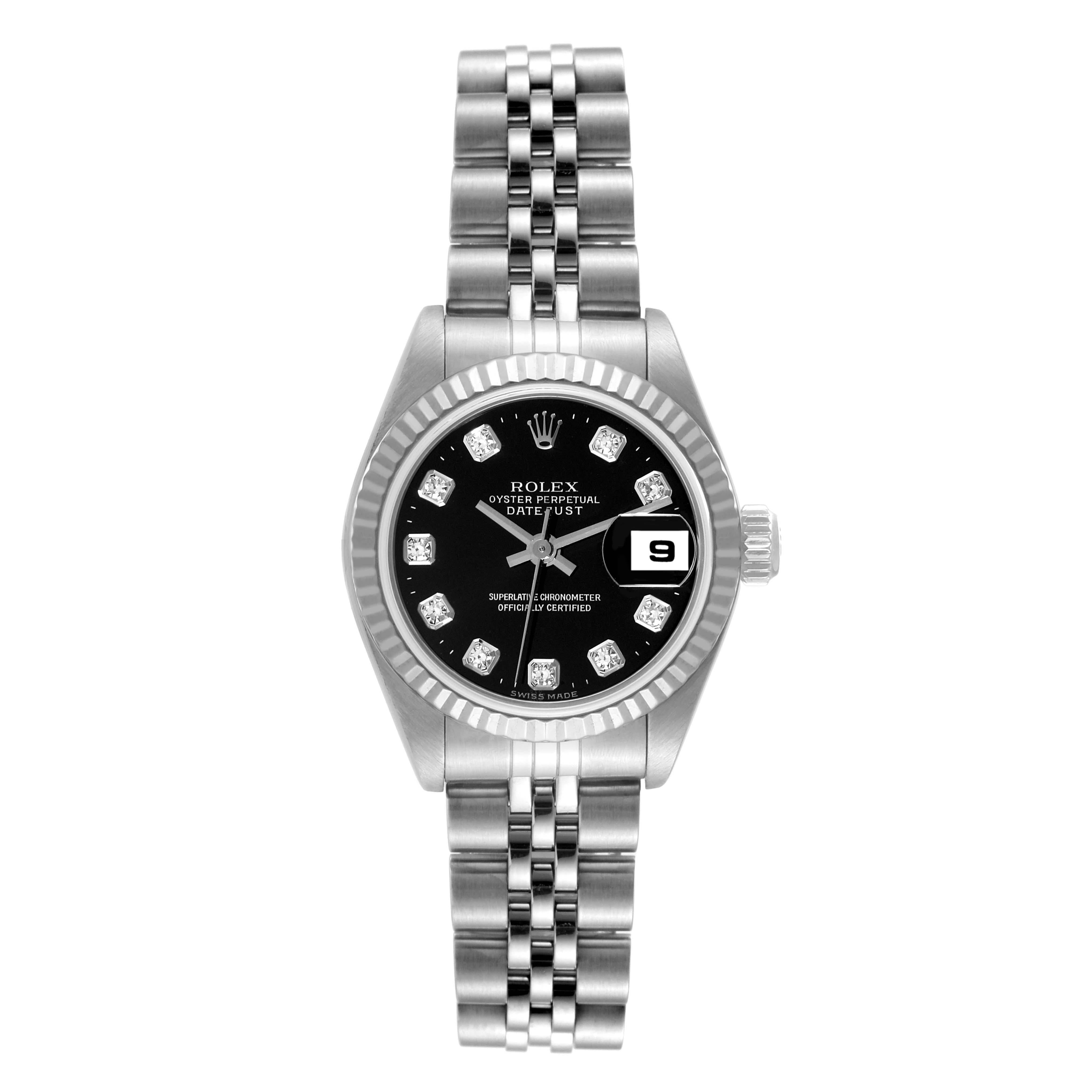 Rolex Datejust White Gold Black Diamond Dial Steel Ladies Watch 79174. Officially certified chronometer automatic self-winding movement. Stainless steel oyster case 26.0 mm in diameter. Rolex logo on the crown. 18K white gold fluted bezel. Scratch