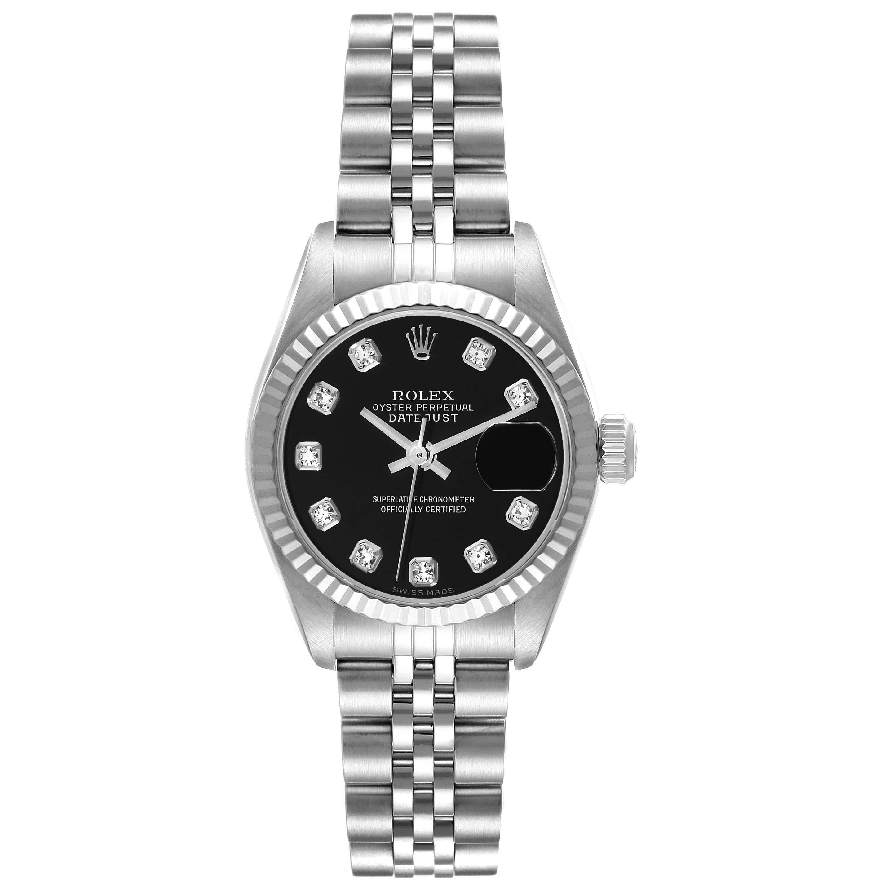 Rolex Datejust White Gold Diamond Dial Steel Ladies Watch 79174 Box Papers. Officially certified chronometer automatic self-winding movement. Stainless steel oyster case 26.0 mm in diameter. Rolex logo on the crown. 18K white gold fluted bezel.
