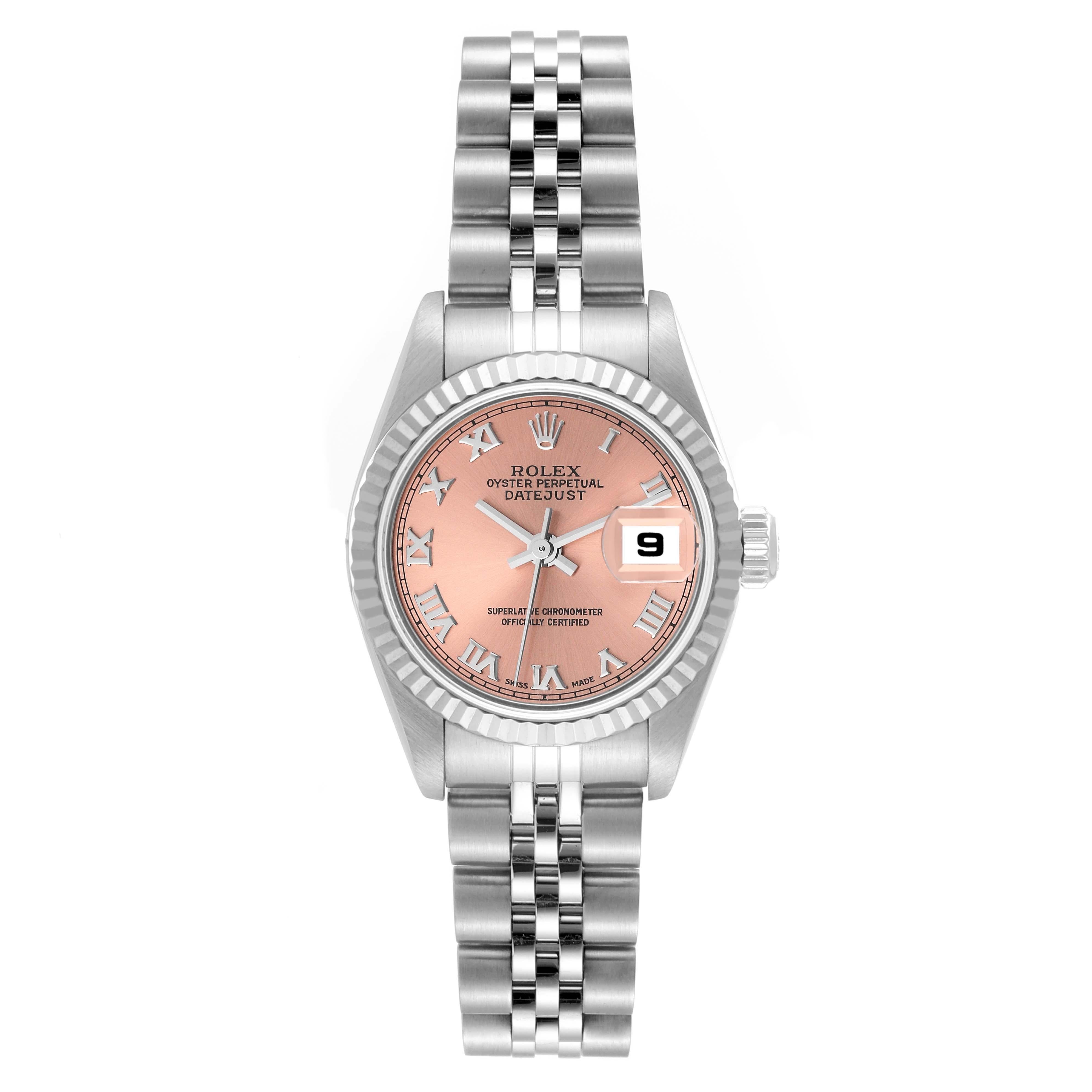 Rolex Datejust White Gold Salmon Dial Steel Ladies Watch 79174 Box Papers. Officially certified chronometer automatic self-winding movement. Stainless steel oyster case 26.0 mm in diameter. Rolex logo on the crown. 18K white gold fluted bezel.