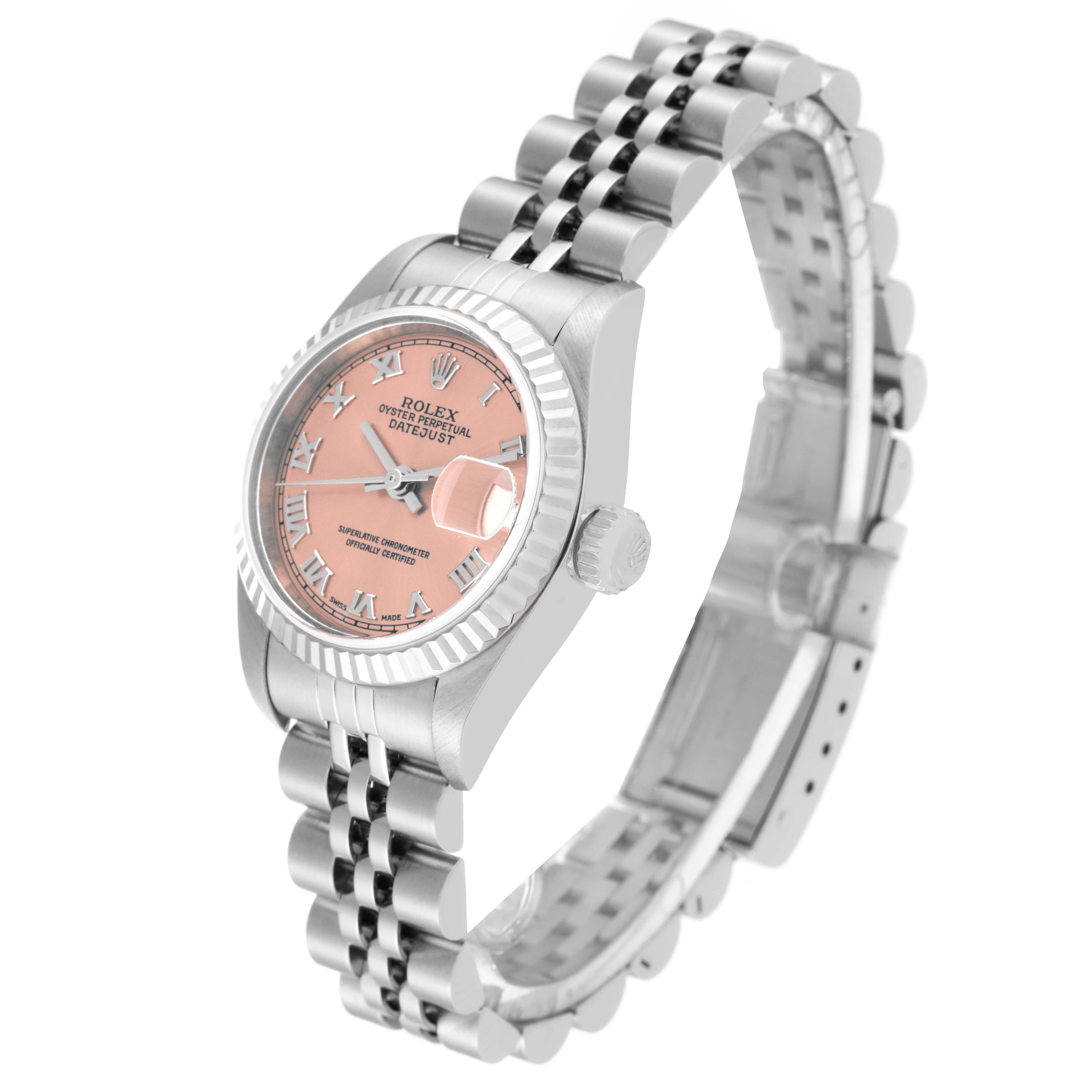 Rolex Datejust White Gold Salmon Dial Steel Ladies Watch 79174 Box Papers In Excellent Condition In Atlanta, GA
