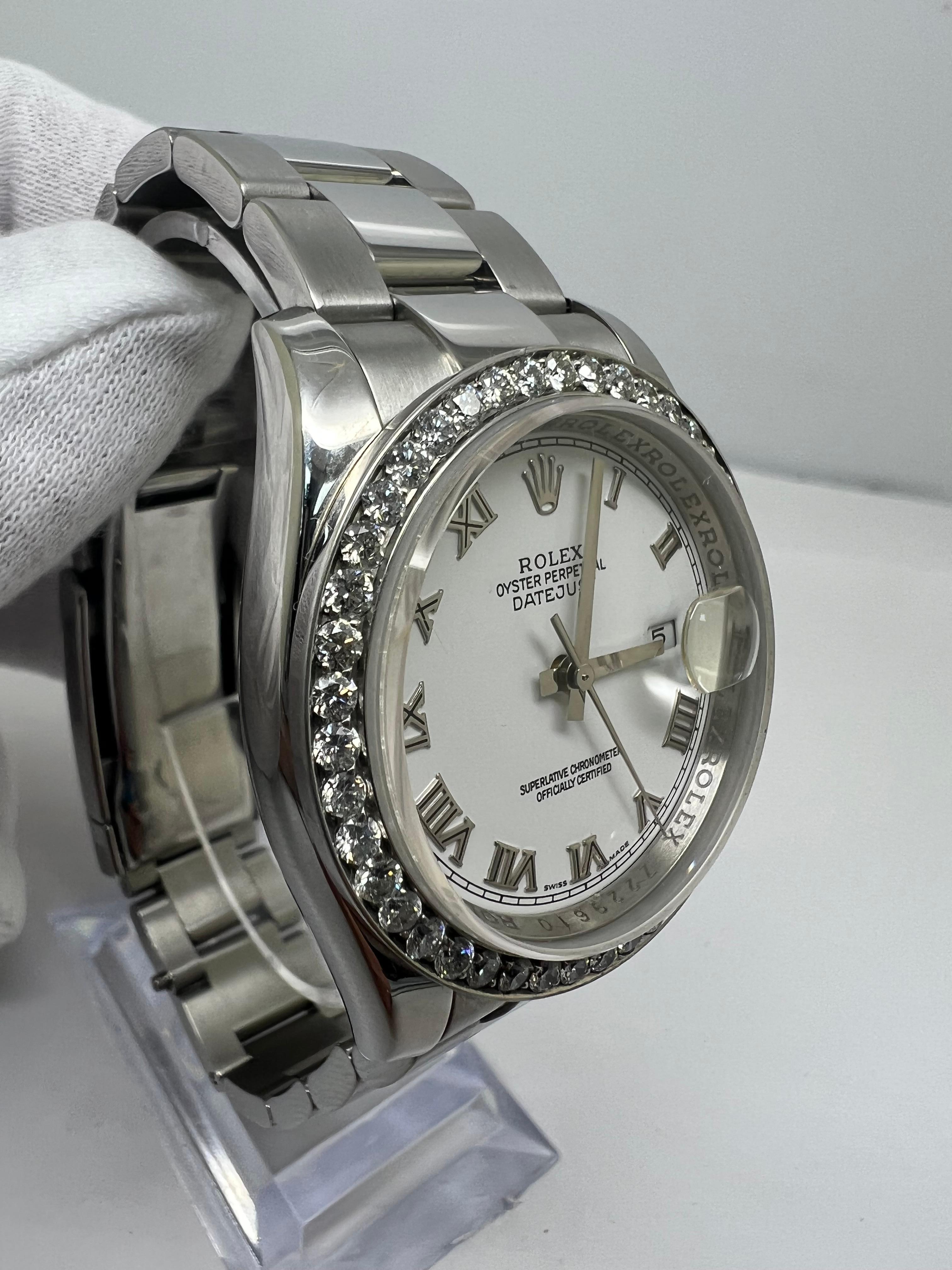 Rolex Datejust 36mm  116200  circa : 2008

all original Rolex Parts except  custom diamond bezel

White Roman Dial

custom diamond bezel 1.50 carats

excellent condition

full set box papers booklets 

shop with confidence Evita Diamonds