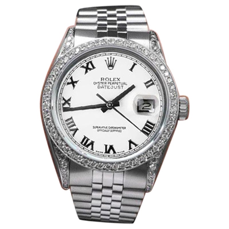 Rolex Montre datejust en acier avec cadran romain blanc 36 mm et lunette en diamants