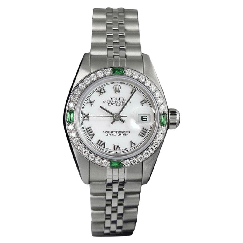 Rolex Datejust Quadrante Romano Bianco Lunetta con Smeraldo/Diamanti Steele