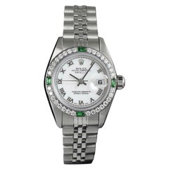 Rolex Datejust White Roman Dial Emerald/Diamond Bezel Steel Watch