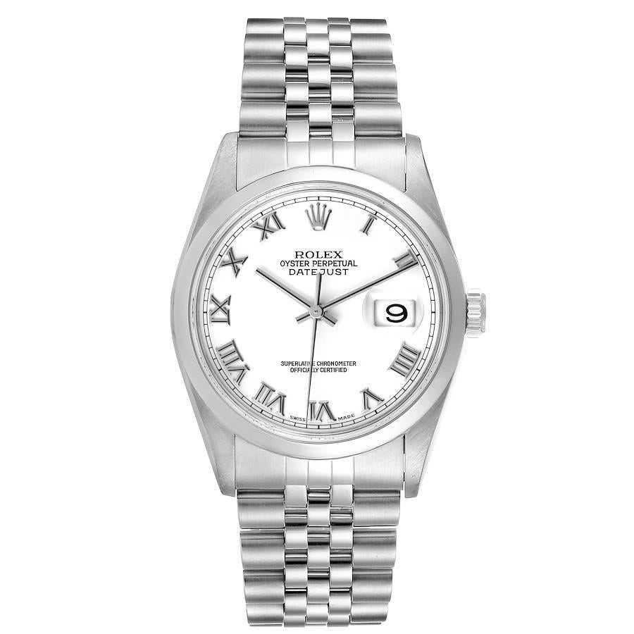Rolex Datejust White Roman Dial Jubilee Bracelet Steel Mens Watch 16200. Officially certified chronometer automatic self-winding movement. Stainless steel oyster case 36 mm in diameter. Rolex logo on a crown. Stainless steel smooth domed bezel.