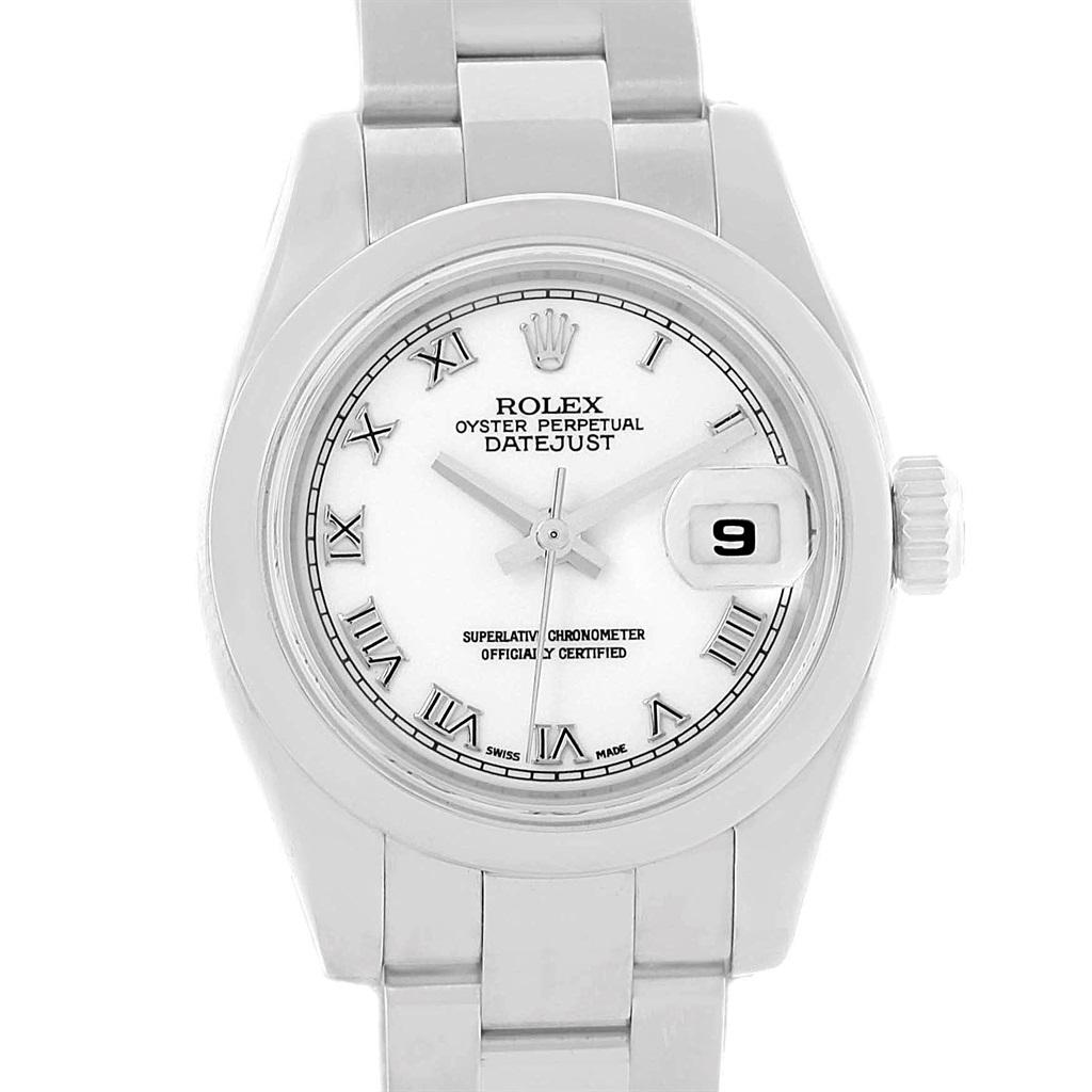 Rolex Datejust White Roman Dial Oyster Bracelet Ladies Watch 179160. Officially certified chronometer automatic self-winding movement. Stainless steel oyster case 26 mm in diameter. Rolex logo on a crown. Stainless steel smooth bezel. Scratch