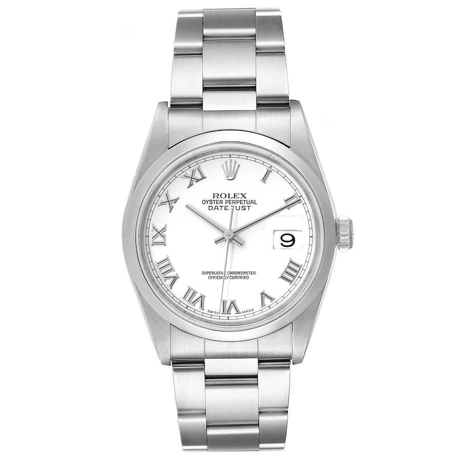 Rolex Datejust White Roman Dial Oyster Bracelet Steel Mens Watch 16200 Box. Officially certified chronometer automatic self-winding movement. Stainless steel oyster case 36 mm in diameter. Rolex logo on a crown. Stainless steel smooth domed bezel.
