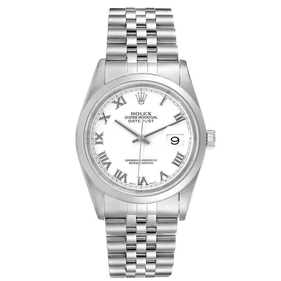 Rolex Datejust White Roman Dial Oyster Bracelet Steel Mens Watch 16200. Officially certified chronometer automatic self-winding movement. Stainless steel oyster case 36 mm in diameter. Rolex logo on a crown. Stainless steel smooth domed bezel.