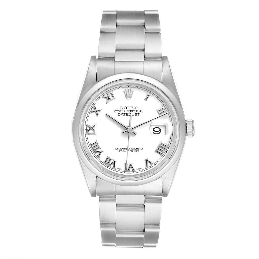 Rolex Datejust White Roman Dial Oyster Bracelet Steel Mens Watch 16200. Officially certified chronometer automatic self-winding movement. Stainless steel oyster case 36 mm in diameter. Rolex logo on a crown. Stainless steel smooth domed bezel.