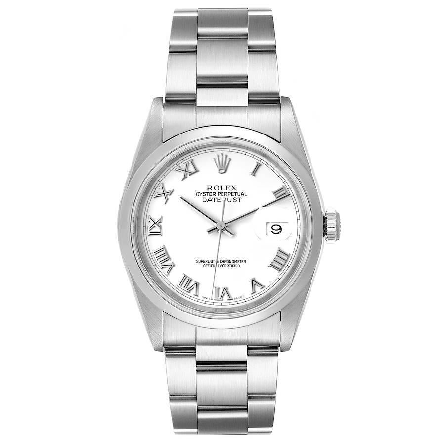 Rolex Datejust White Roman Dial Oyster Bracelet Steel Mens Watch 16200. Officially certified chronometer automatic self-winding movement. Stainless steel oyster case 36 mm in diameter. Rolex logo on a crown. Stainless steel smooth domed bezel.