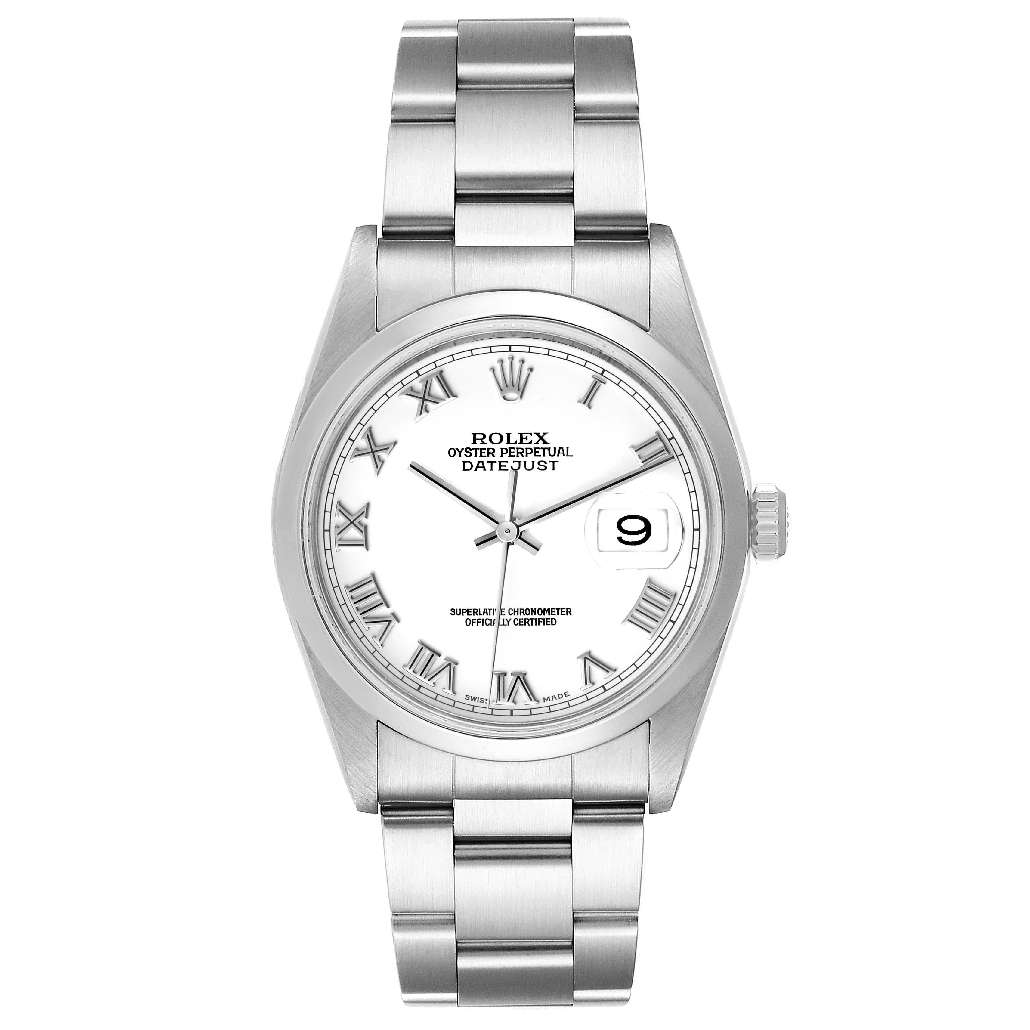 Rolex Datejust White Roman Dial Oyster Bracelet Steel Mens Watch 16200. Officially certified chronometer automatic self-winding movement. Stainless steel oyster case 36 mm in diameter. Rolex logo on a crown. Stainless steel smooth domed bezel.