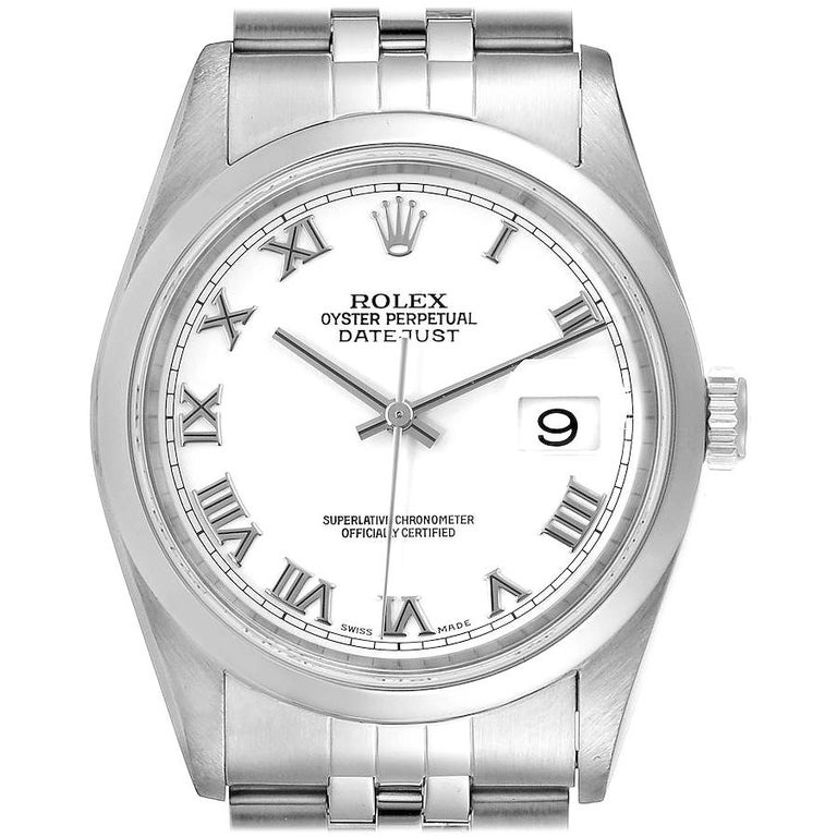 Rolex Datejust White Roman Dial Oyster Bracelet Steel Men's Watch 16200 ...