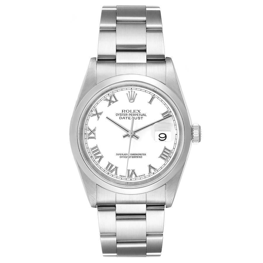 Rolex Datejust White Roman Dial Oyster Bracelet Steel Watch 16200 Box Papers. Officially certified chronometer automatic self-winding movement. Stainless steel oyster case 36 mm in diameter. Rolex logo on a crown. Stainless steel smooth domed bezel.
