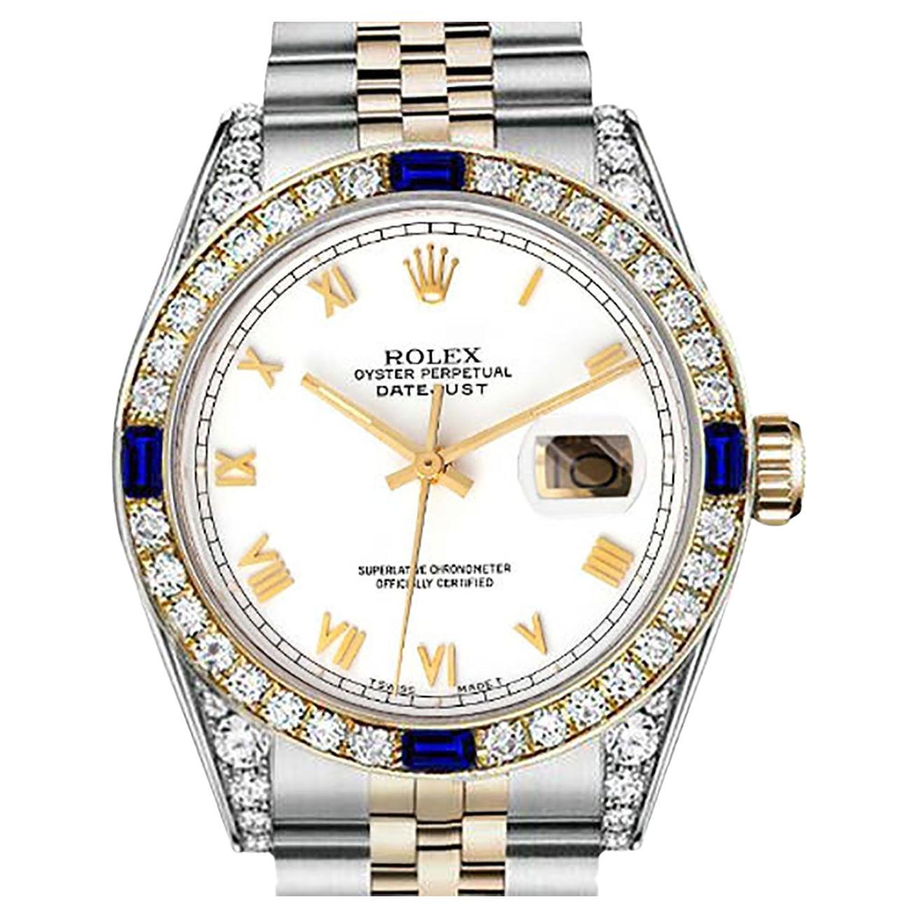 Rolex Datejust White Roman Dial Sapphire/Diamond Bezel Two Tone Watch For Sale