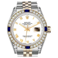 Vintage Rolex Datejust White Roman Dial Sapphire/Diamond Bezel Two Tone Watch