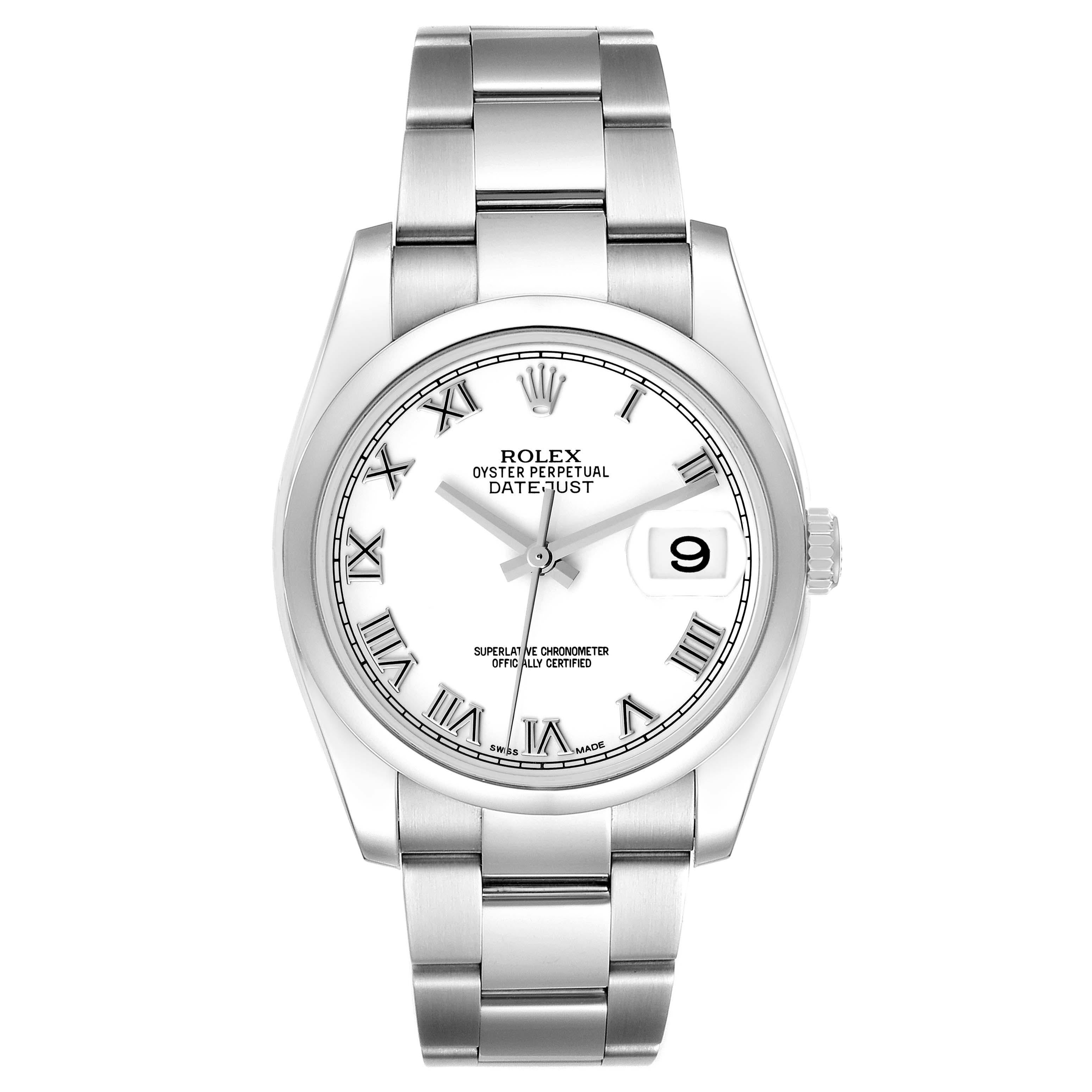 Rolex Datejust White Roman Dial Steel Mens Watch 116200 Box Card. Officially certified chronometer automatic self-winding movement with quickset date. Stainless steel case 36.0 mm in diameter. High polished lugs. Rolex logo on the crown. Stainless