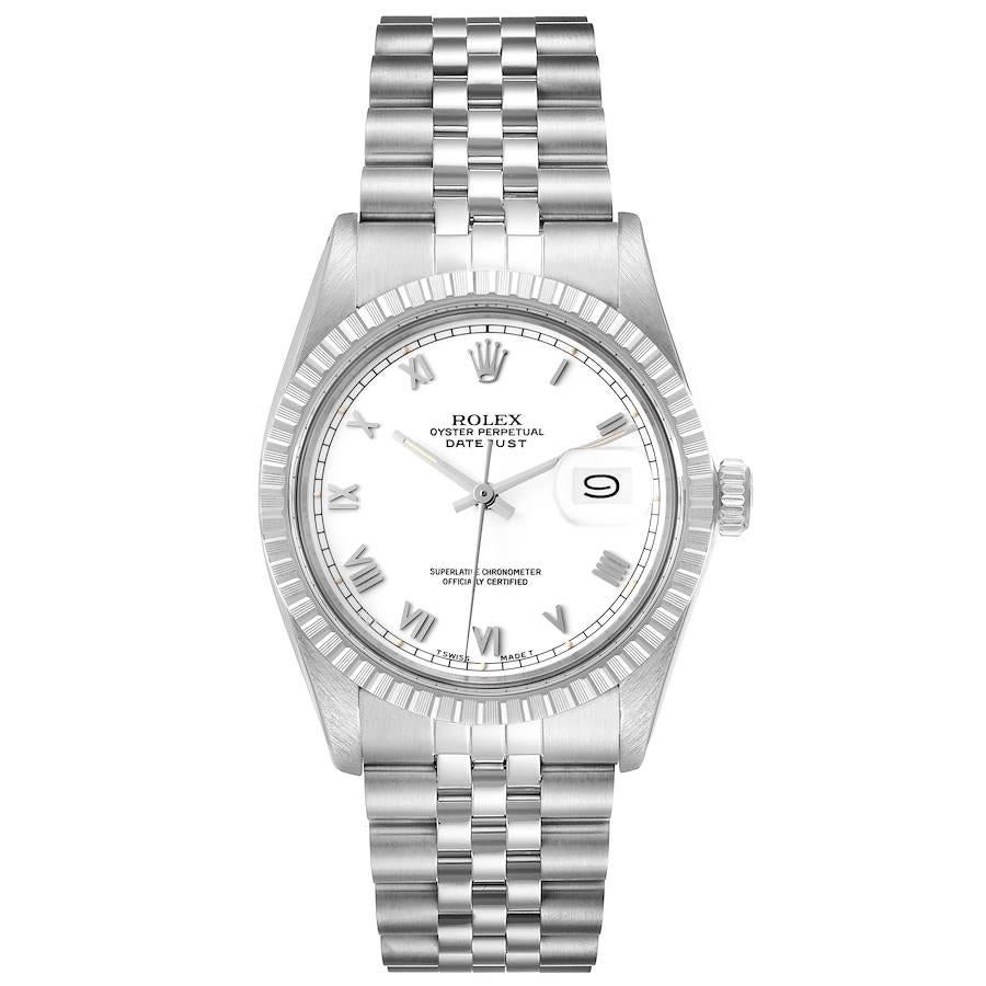 Rolex Datejust Weißes römisches Zifferblatt Stahl Vintage Herrenuhr 16030. Offiziell zertifiziertes Chronometerwerk mit automatischem Aufzug. Austerngehäuse aus Edelstahl mit einem Durchmesser von 36,0 mm. Rolex-Logo auf einer Krone. Gedrehte