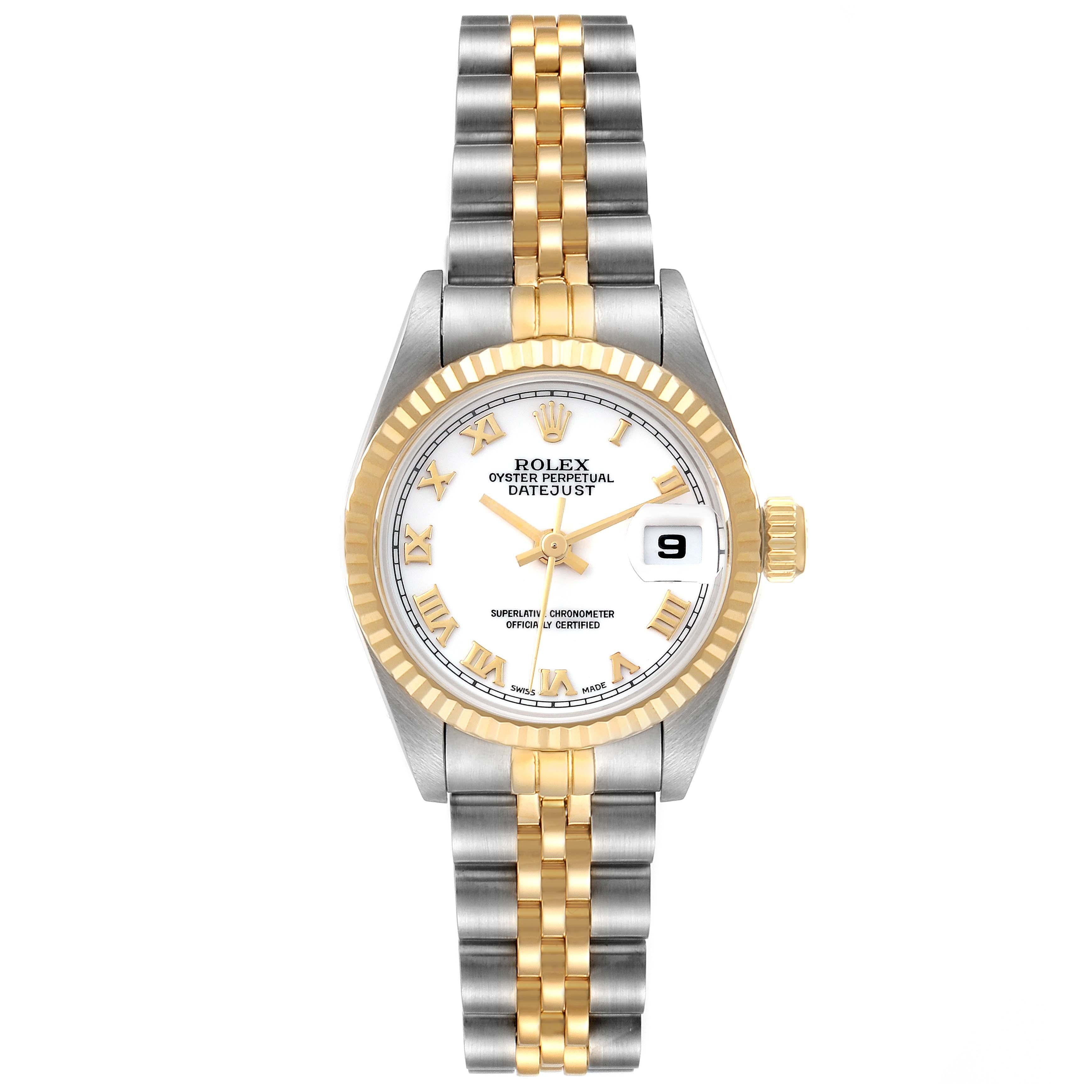 Rolex Datejust White Roman Dial Steel Yellow Gold Ladies Watch 69173. Officially certified chronometer automatic self-winding movement. Stainless steel oyster case 26.0 mm in diameter. Rolex logo on the crown. 18k yellow gold fluted bezel. Scratch