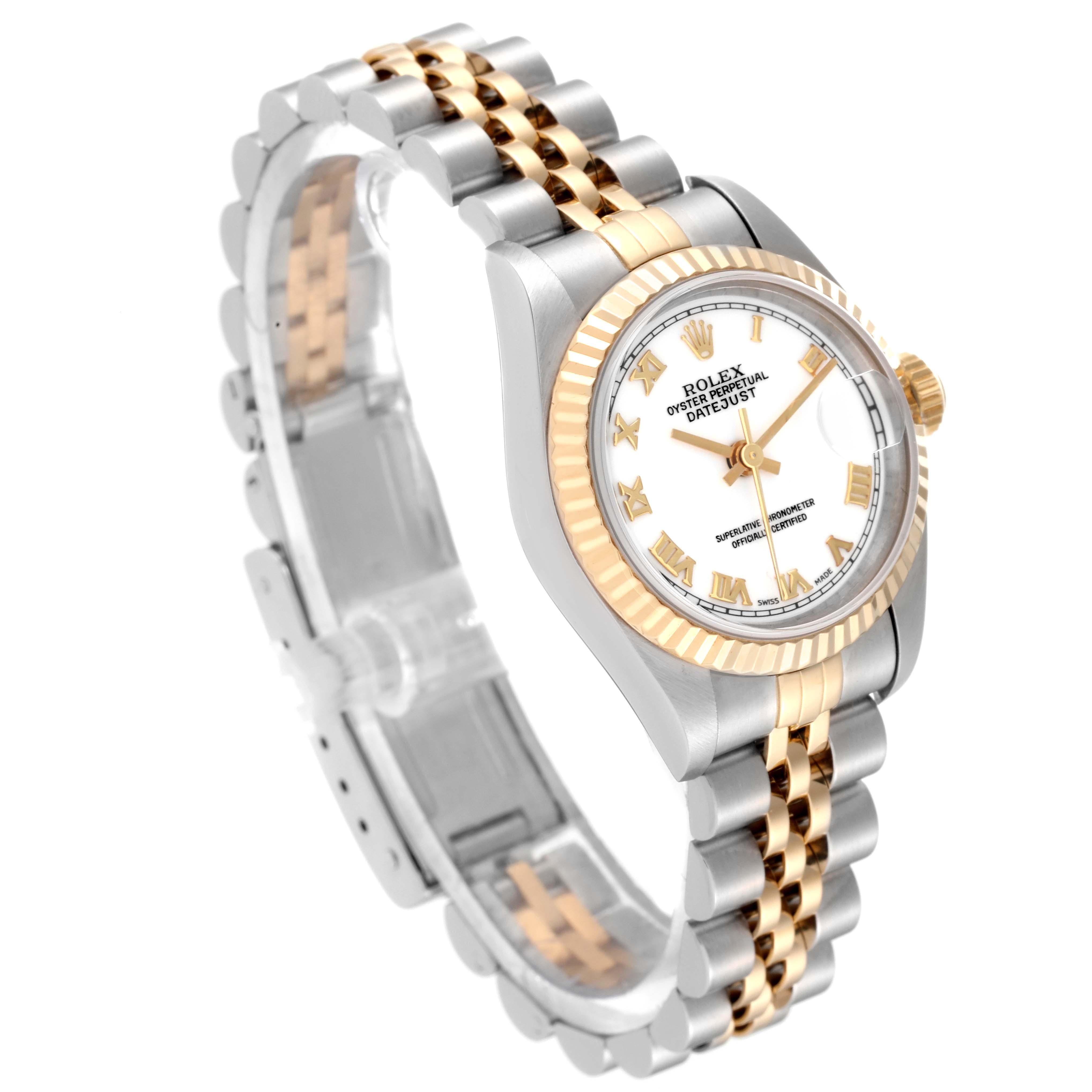 Rolex Datejust White Roman Dial Steel Yellow Gold Ladies Watch 69173 In Excellent Condition In Atlanta, GA
