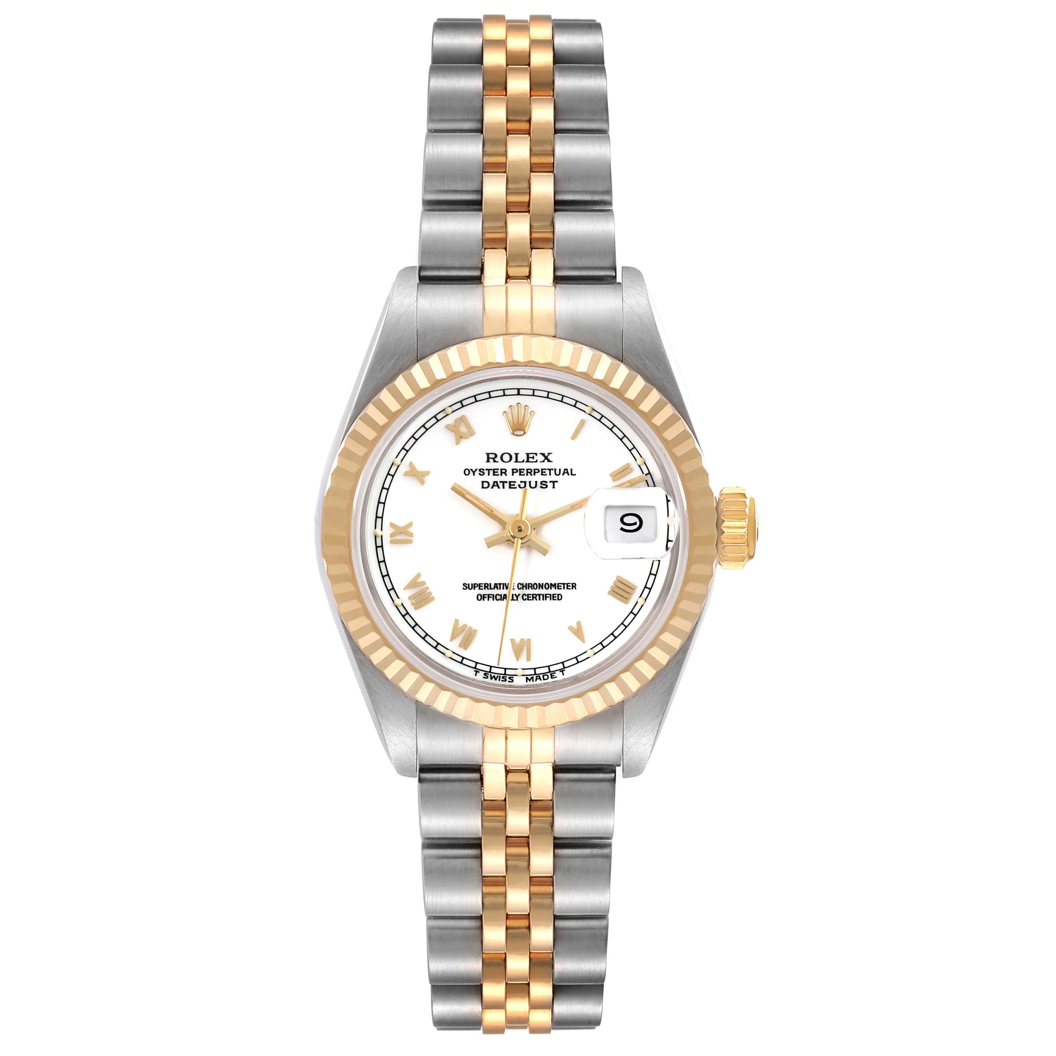 Rolex Montre Datejust pour femme en acier et or jaune avec cadran romain blanc 69173 en vente 3