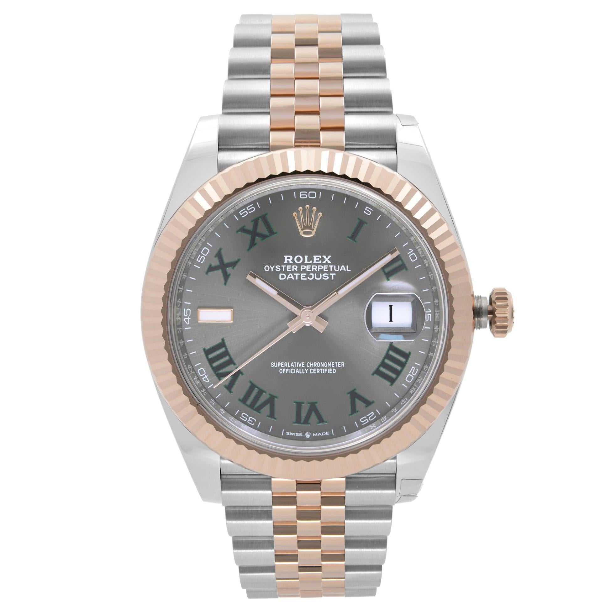 Unworn Fully Stickered Rolex Datejust 41mm Wimbledon 18k Everose Gold Steel Dial Men's Watch 126331GYRJ. It comes with a 2022 Rolex Card. This Beautiful Timepiece Features: Stainless Steel Case and Rolex Jubilee Bracelet with 18k Everose Gold Center