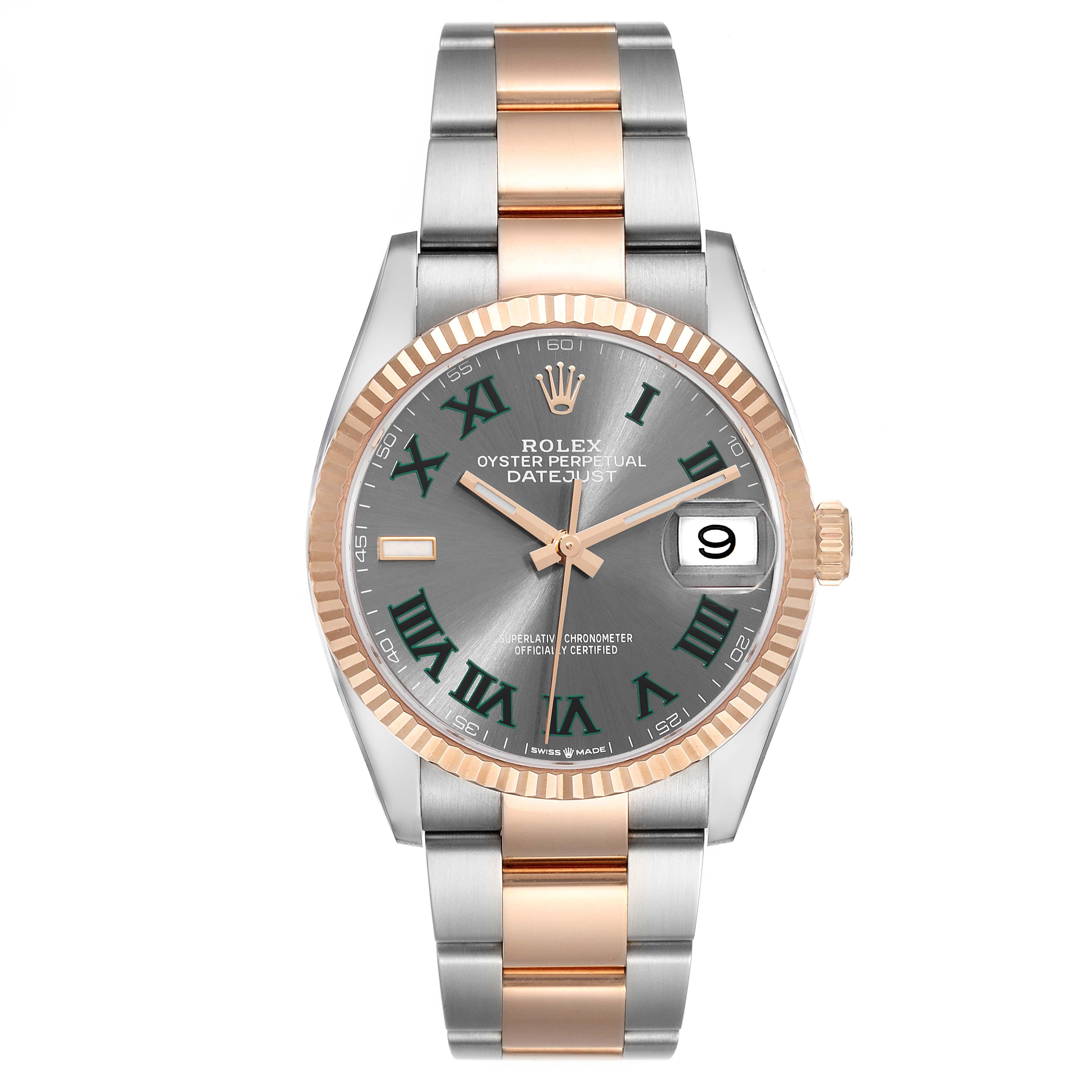 Rolex Datejust Wimbledon Dial Steel Rose Gold Mens Watch 126231 Unworn. Officially certified chronometer automatic self-winding movement. Stainless steel case 36.0 mm in diameter. High polished lugs. Rolex logo on an 18K rose gold crown. 18k rose