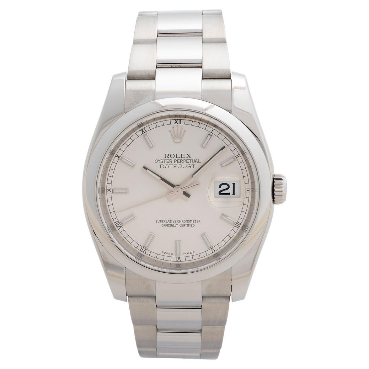 Rolex Datejust-Armbanduhr 36 Ref 116200, Silber Baton-Zifferblatt, Jahr 2017.