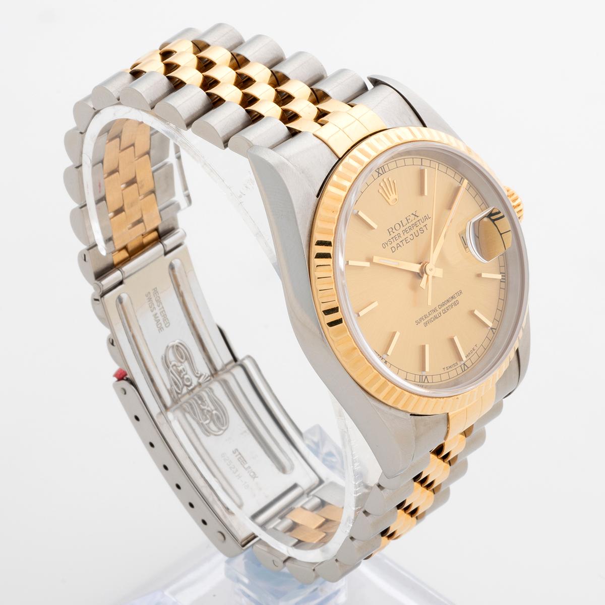 Our classic and neo vintage Rolex Datejust, reference 16233 , features a 36mm stainless steel and 18k yellow gold case with 18k yellow gold and stainless steel jubilee bracelet. The most popular configuration, this example has its original and