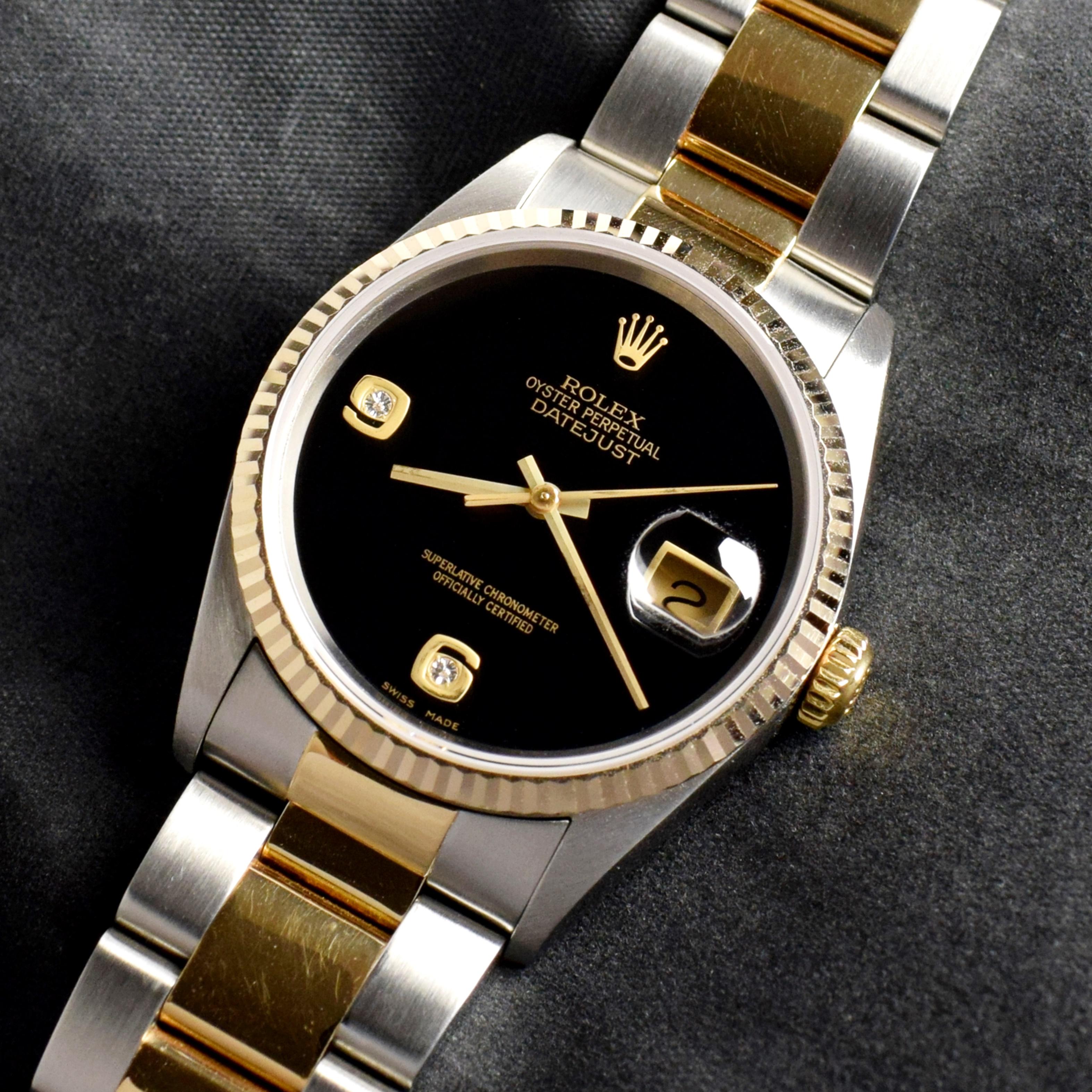 Rolex Datejust Uhr aus Gelbgold und Stahl mit Onyx-Zifferblatt und Diamant 16233, 2002 (Rundschliff)