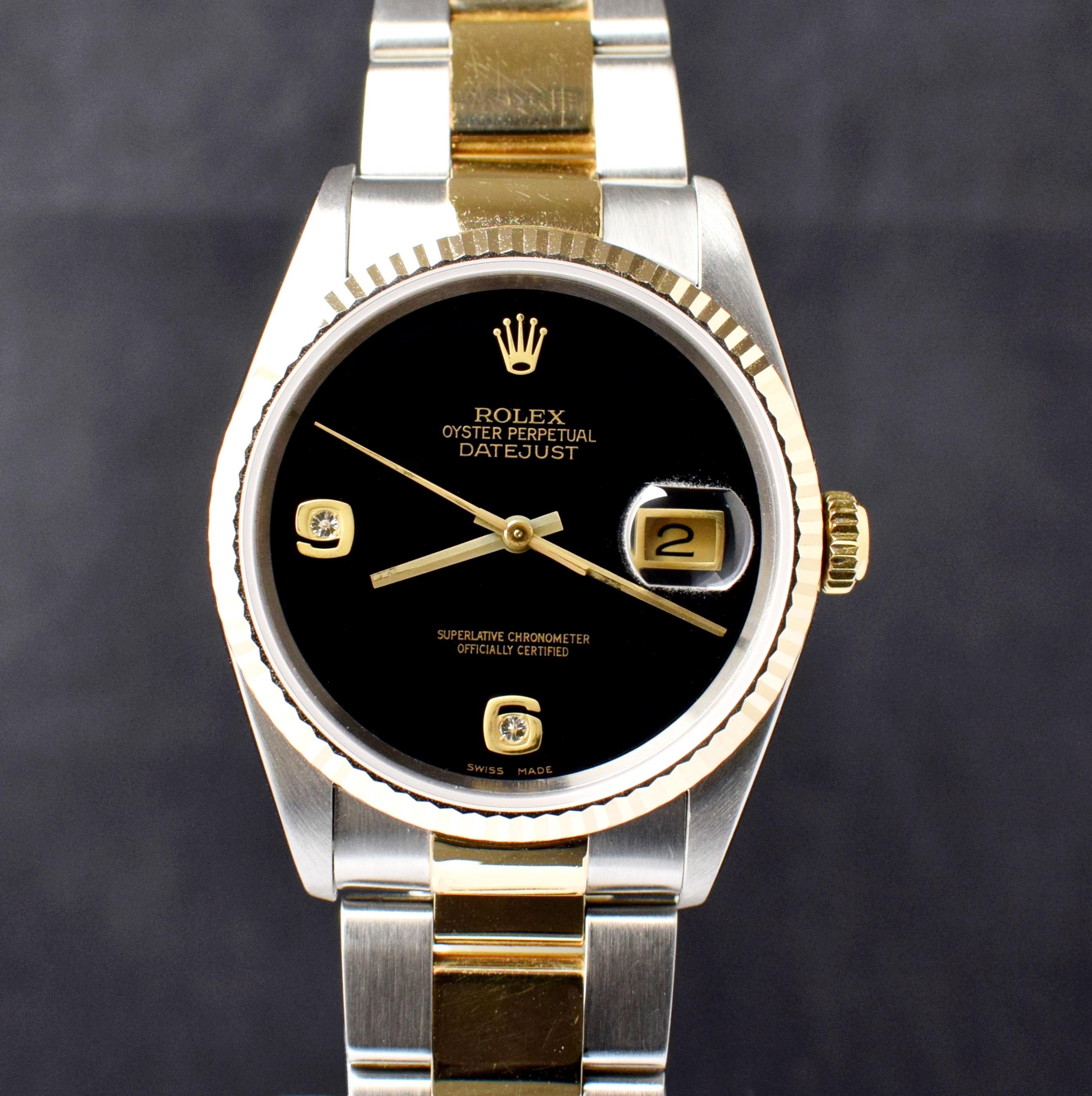 Rolex Datejust Uhr aus Gelbgold und Stahl mit Onyx-Zifferblatt und Diamant 16233, 2002 im Zustand „Gut“ in Central & Western District, HK